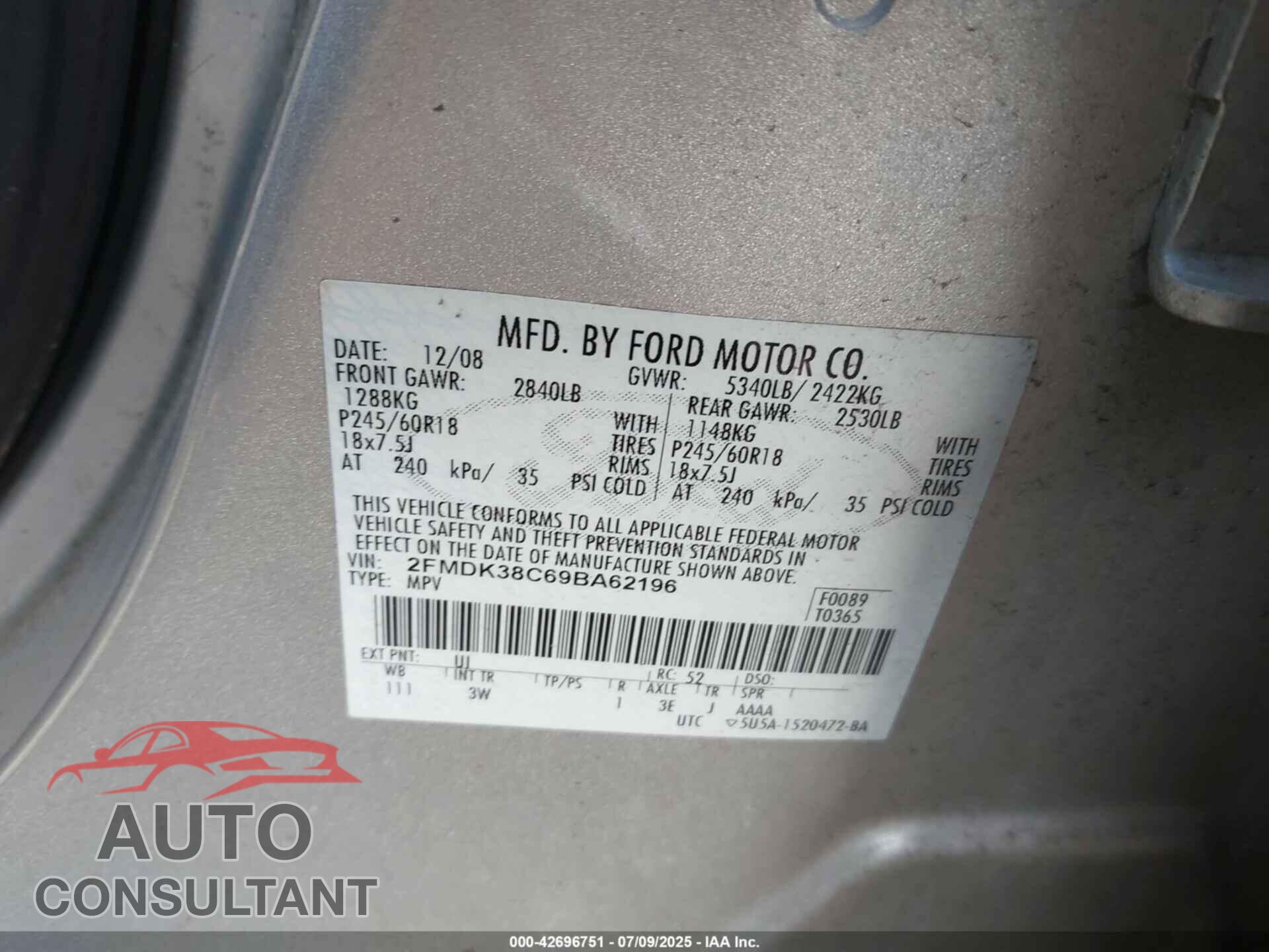 FORD EDGE 2009 - 2FMDK38C69BA62196