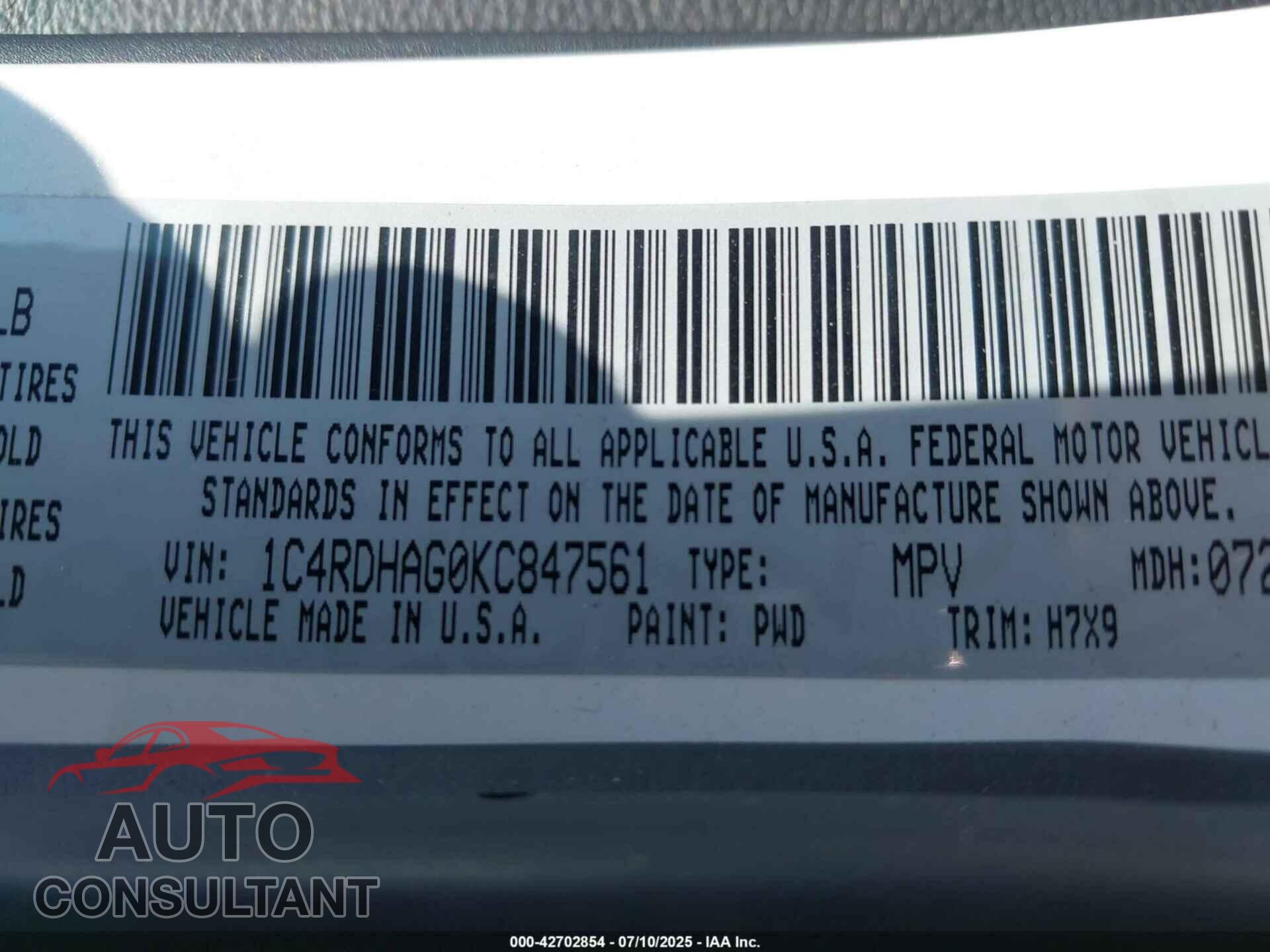 DODGE DURANGO 2019 - 1C4RDHAG0KC847561