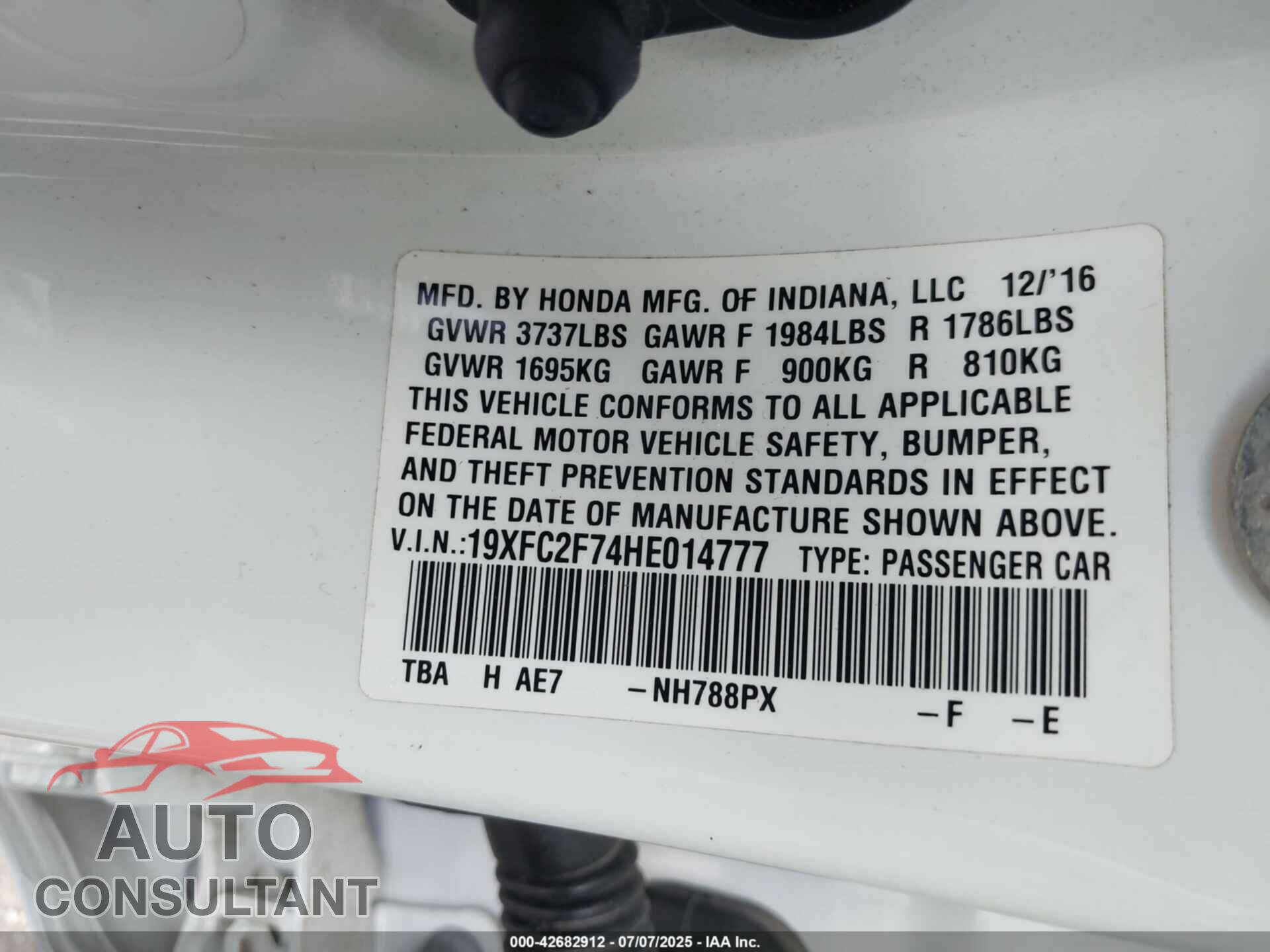 HONDA CIVIC 2017 - 19XFC2F74HE014777