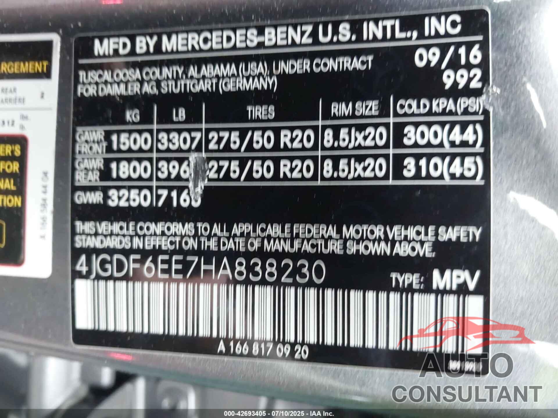 MERCEDES-BENZ GLS 450 2017 - 4JGDF6EE7HA838230