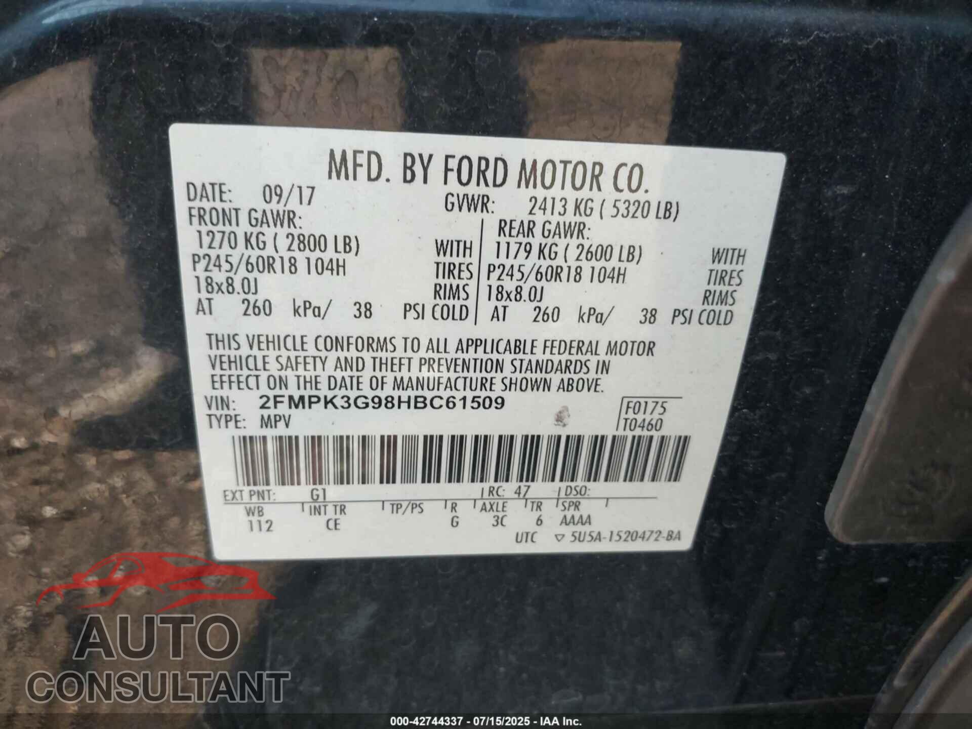 FORD EDGE 2017 - 2FMPK3G98HBC61509