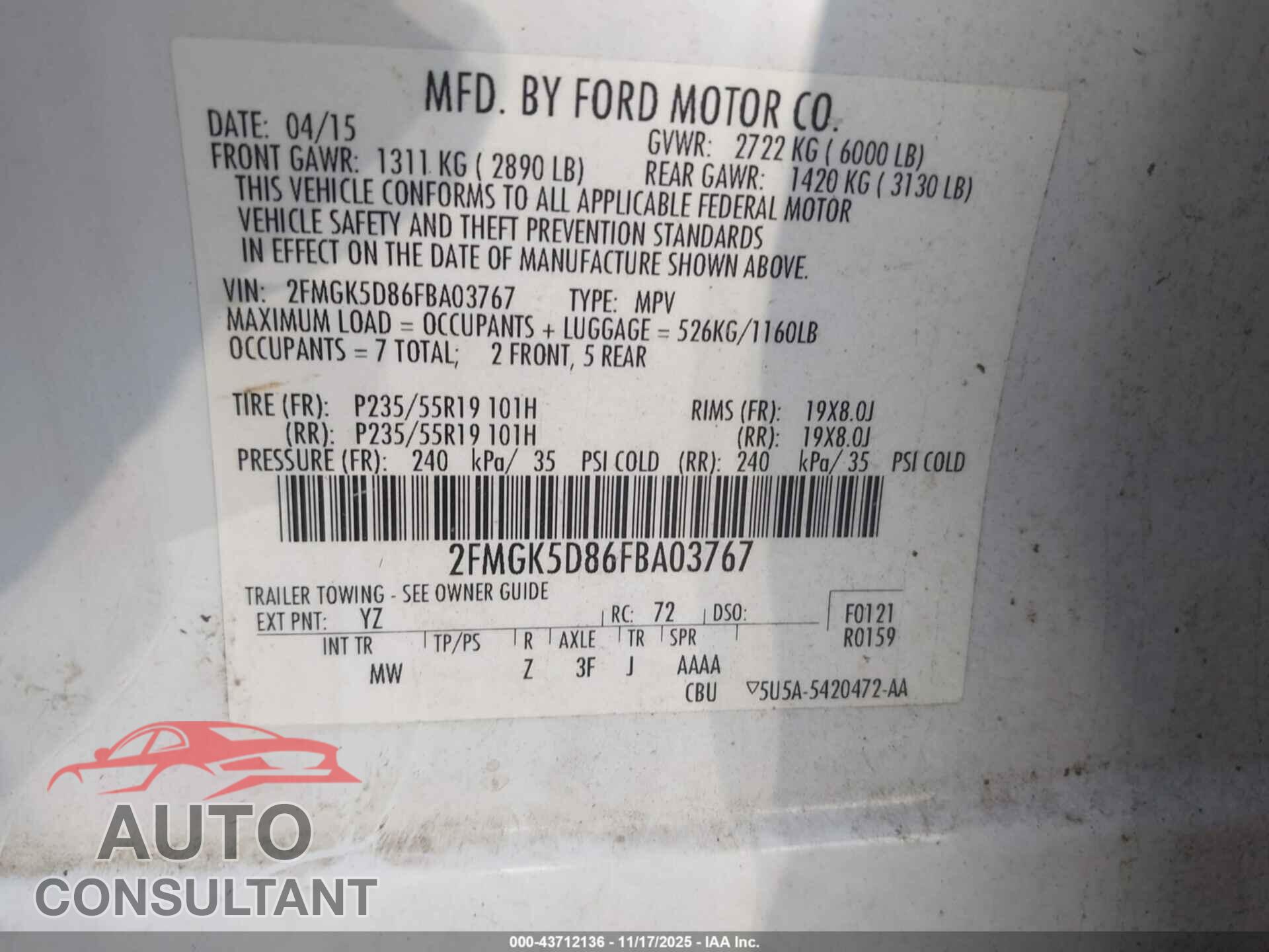 FORD FLEX 2015 - 2FMGK5D86FBA03767