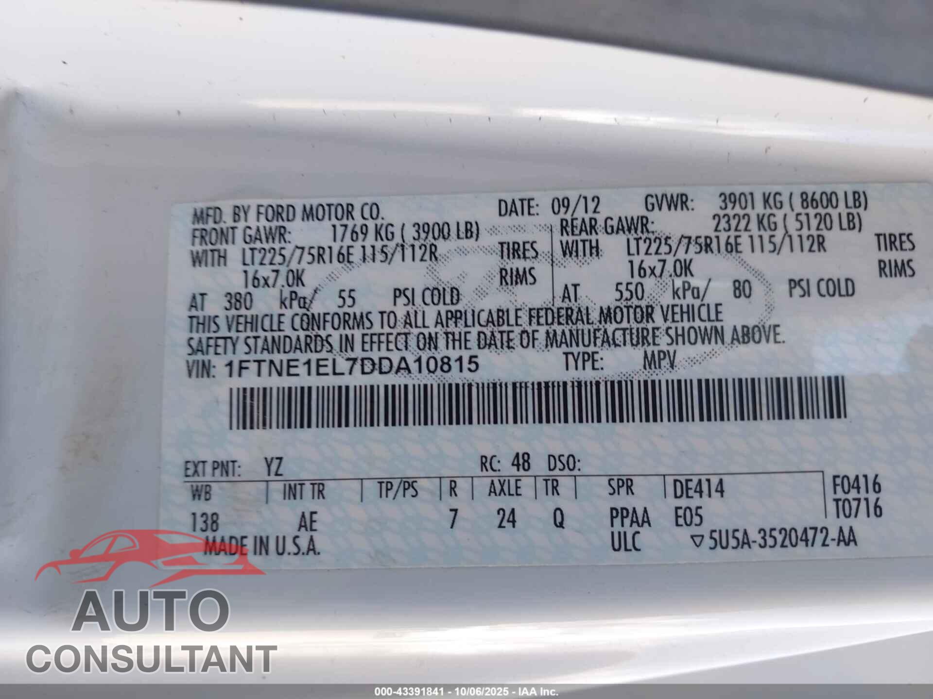 FORD E-150 2013 - 1FTNE1EL7DDA10815