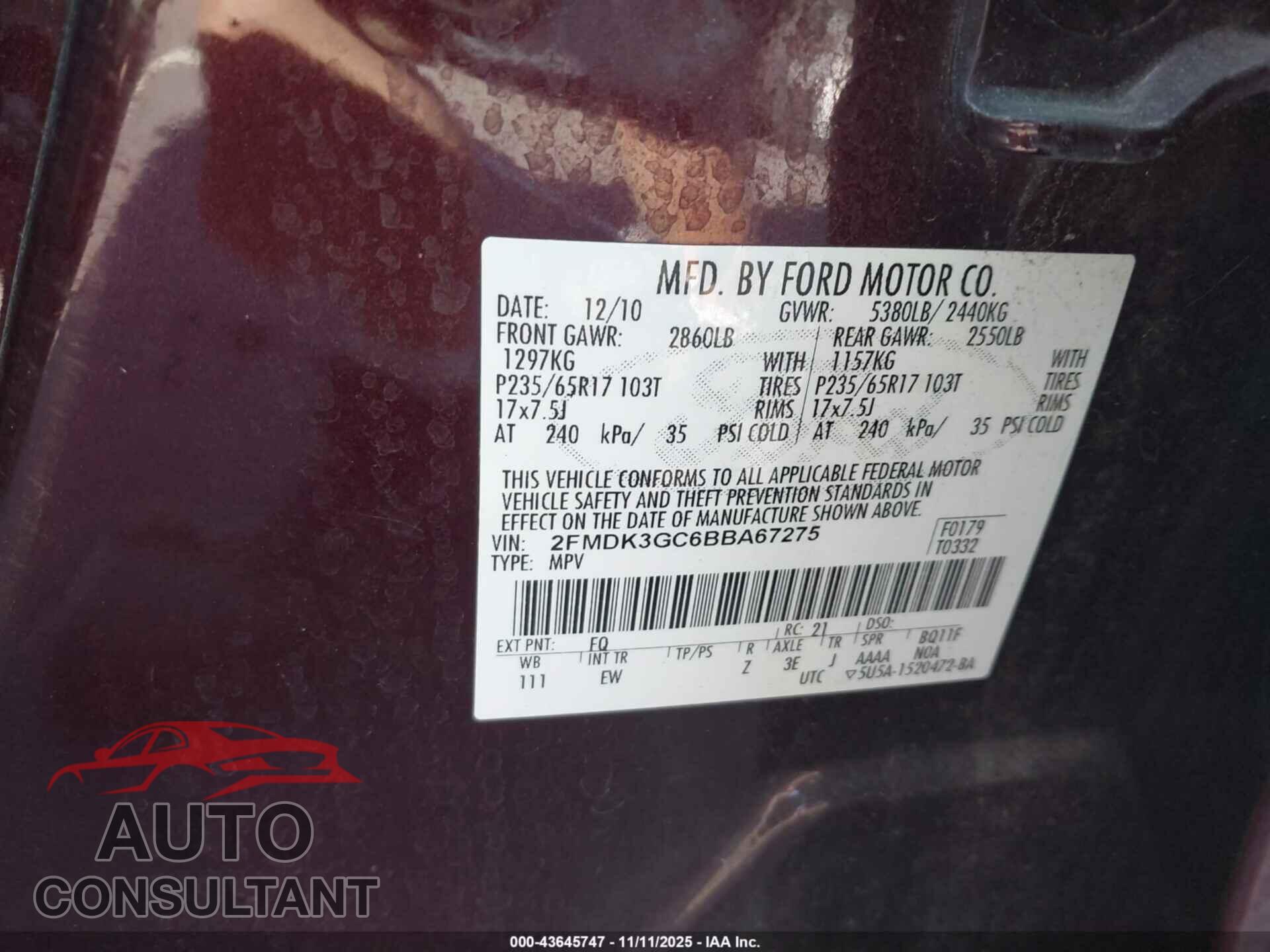 FORD EDGE 2011 - 2FMDK3GC6BBA67275