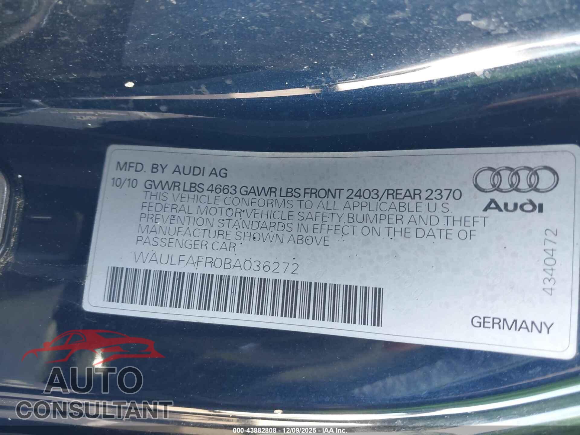 AUDI A5 2011 - WAULFAFR0BA036272