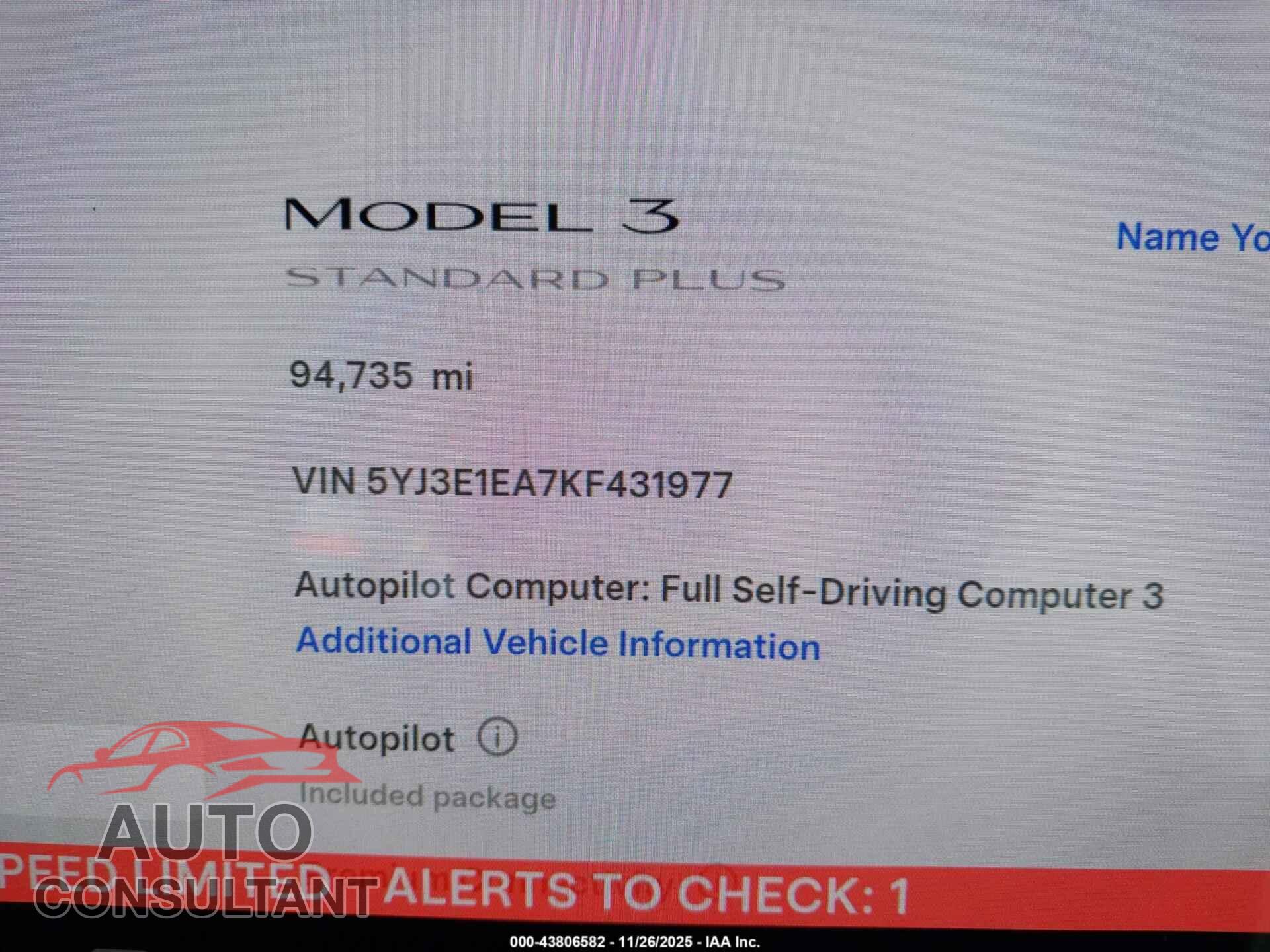 TESLA MODEL 3 2019 - 5YJ3E1EA7KF431977