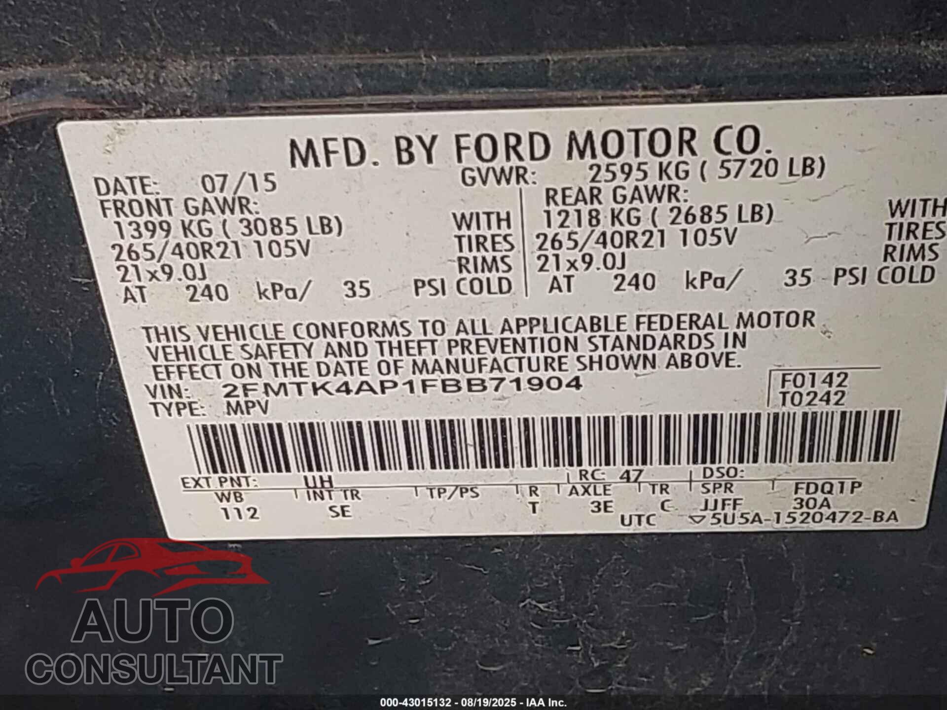 FORD EDGE 2015 - 2FMTK4AP1FBB71904