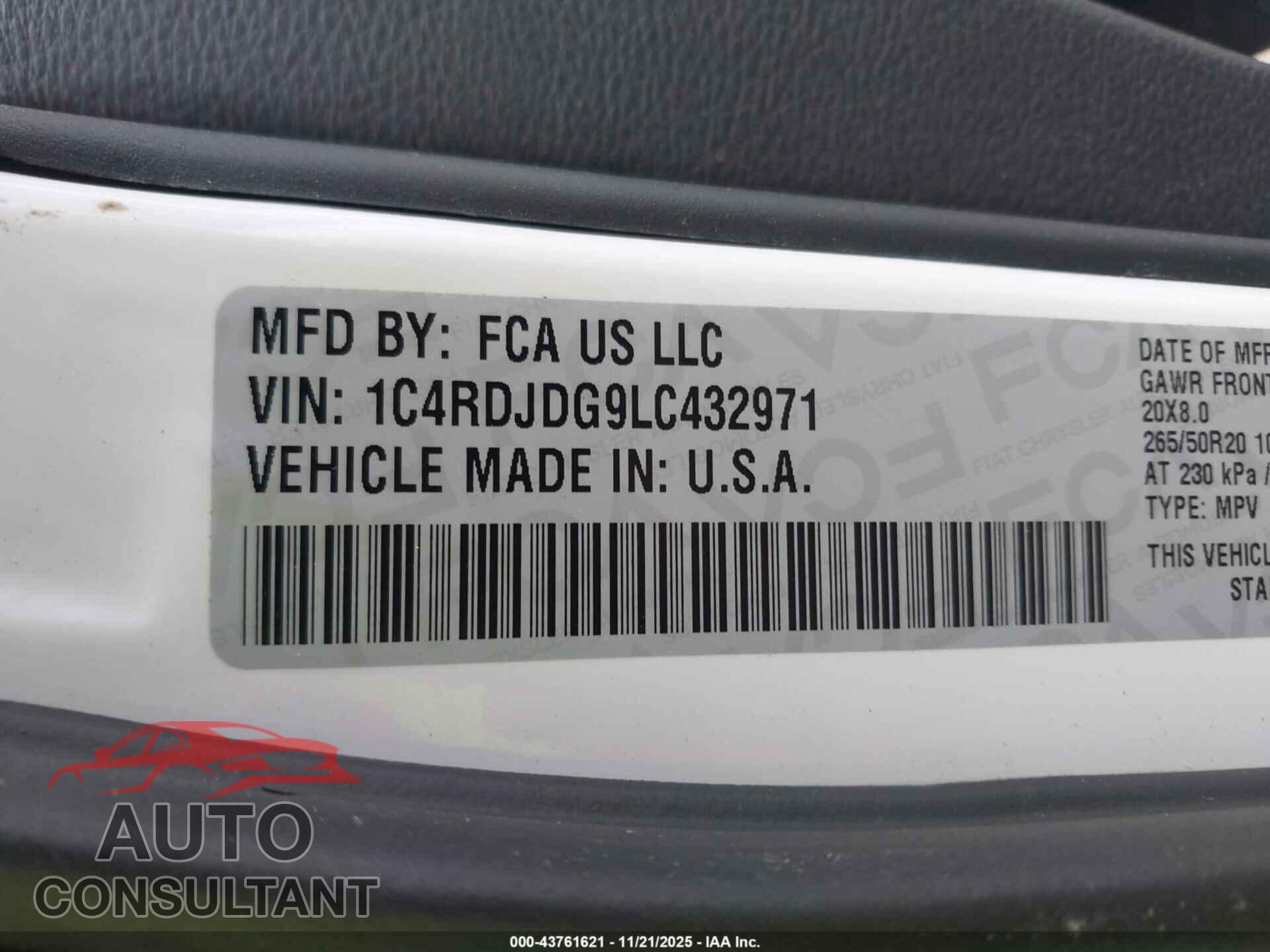 DODGE DURANGO 2020 - 1C4RDJDG9LC432971