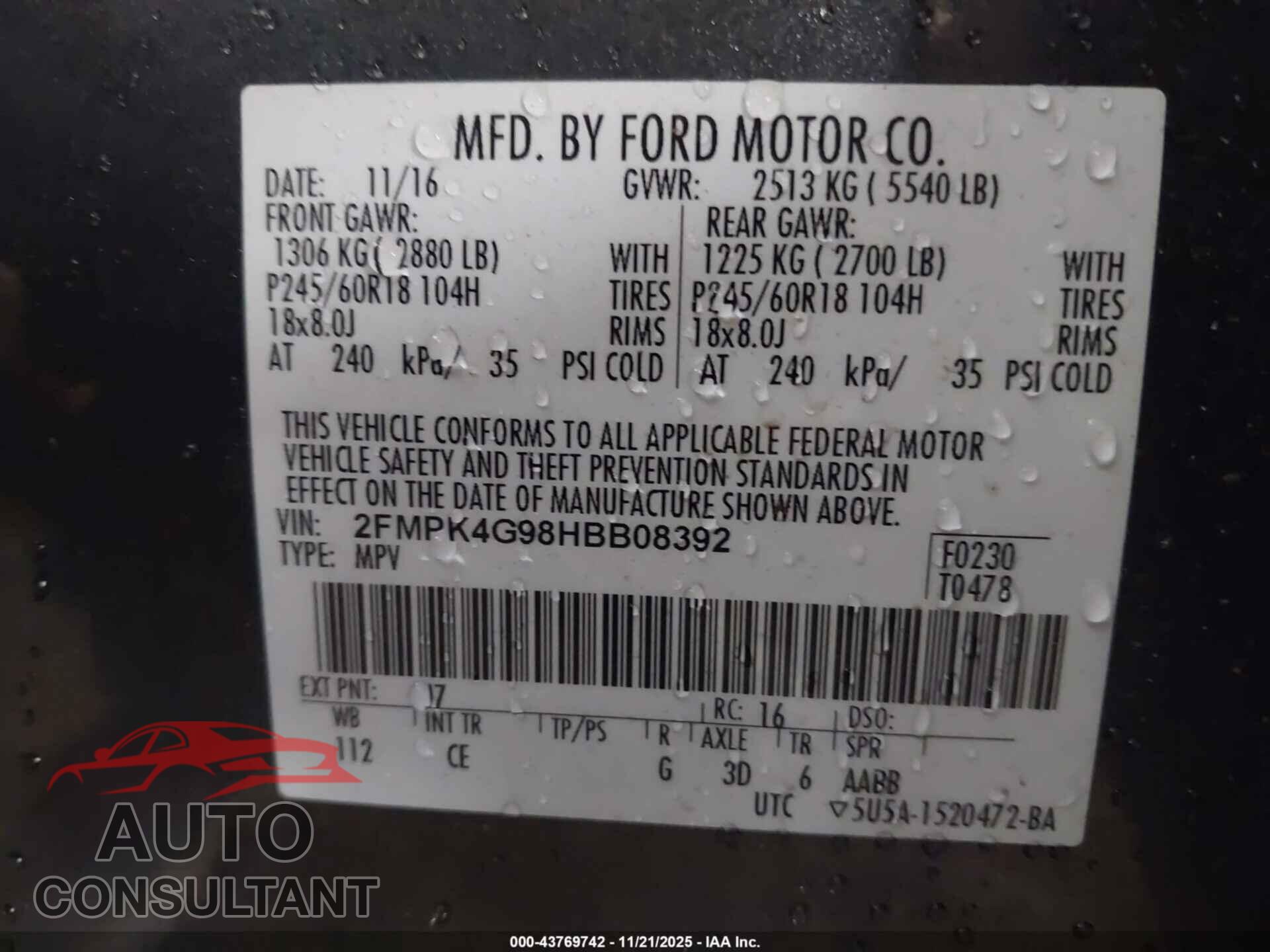 FORD EDGE 2017 - 2FMPK4G98HBB08392