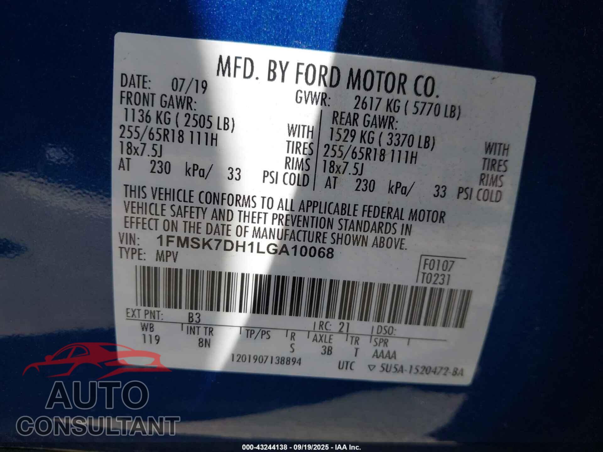 FORD EXPLORER 2020 - 1FMSK7DH1LGA10068
