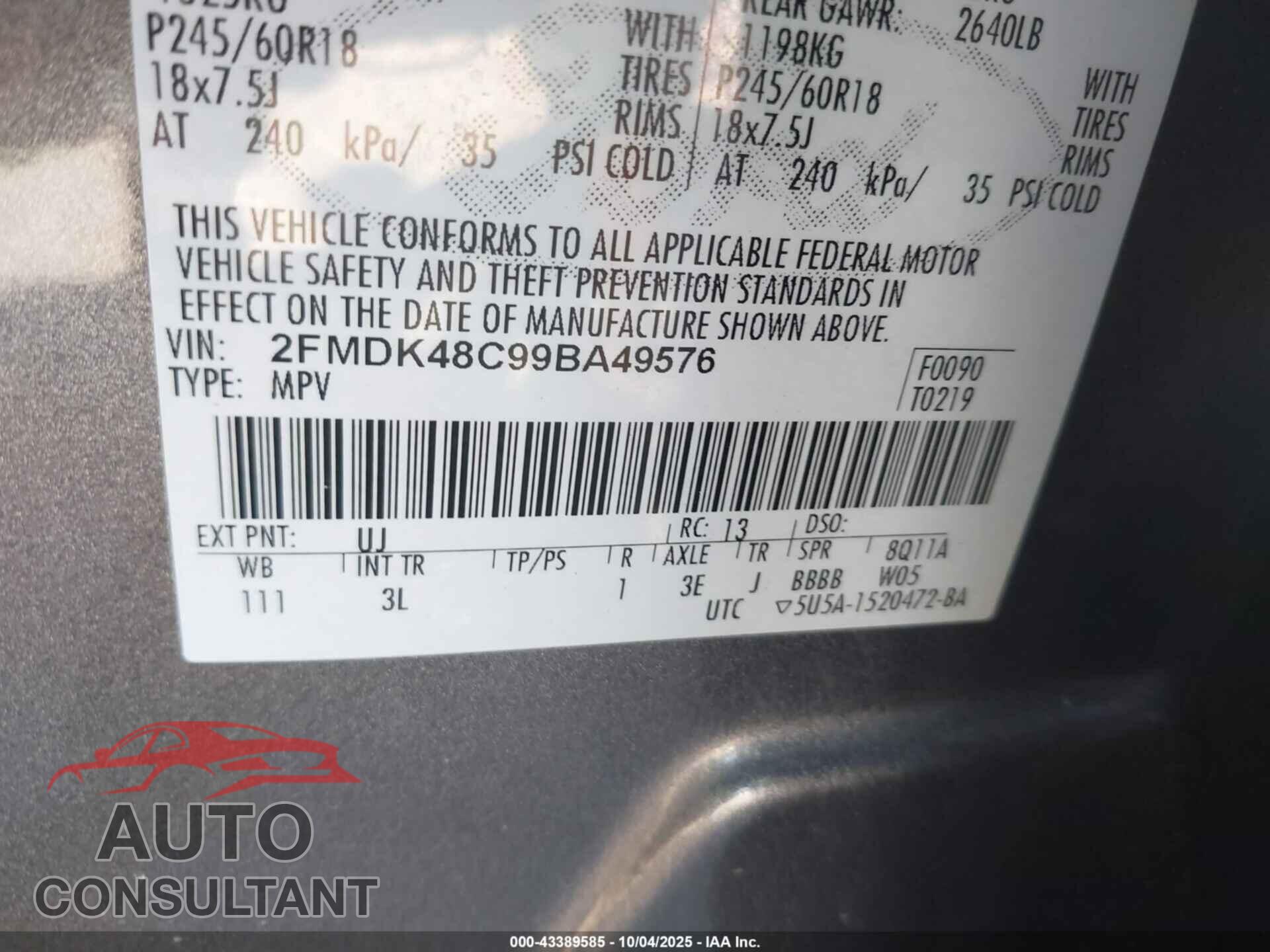 FORD EDGE 2009 - 2FMDK48C99BA49576