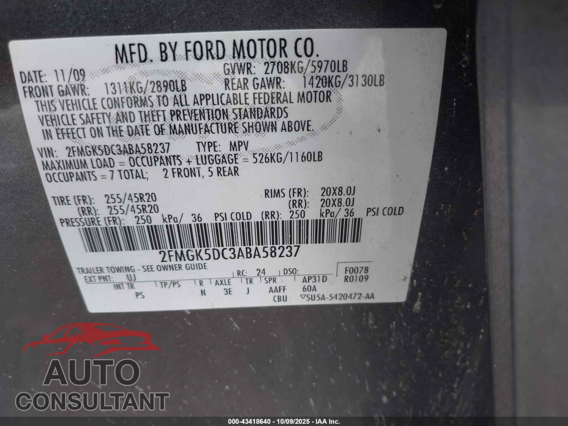 FORD FLEX 2010 - 2FMGK5DC3ABA58237
