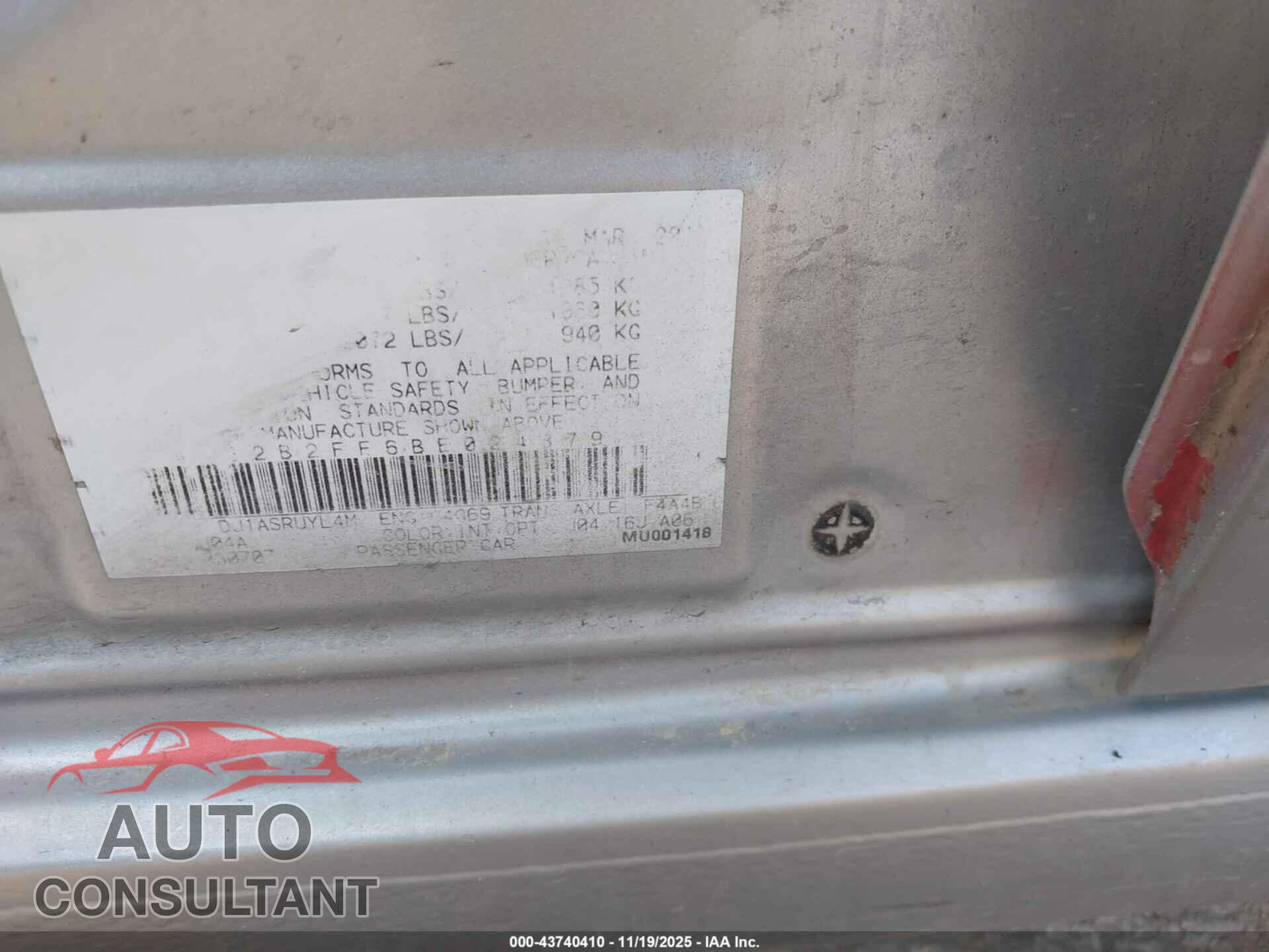 MITSUBISHI GALANT 2011 - 4A32B2FF6BE024879