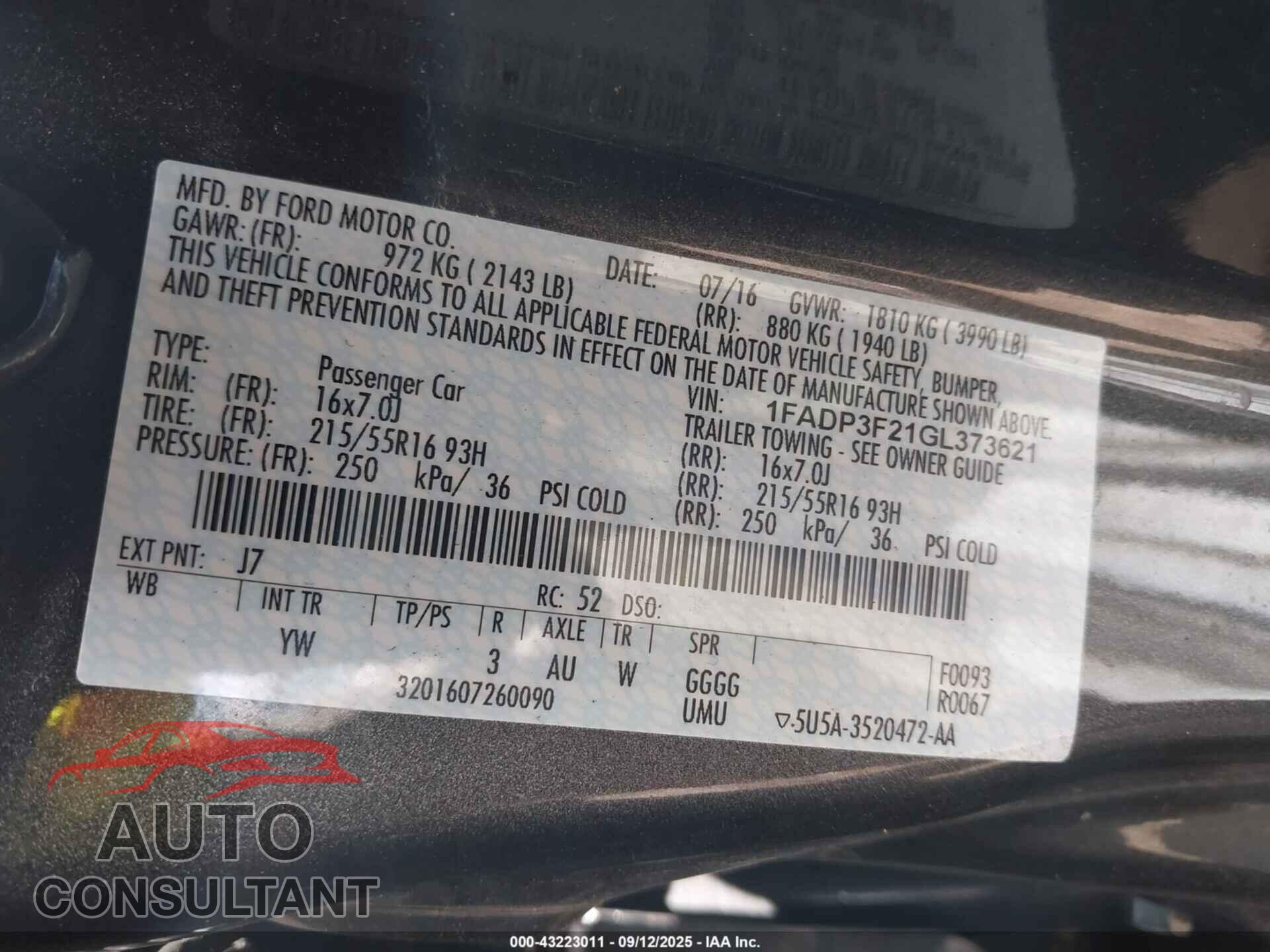 FORD FOCUS 2016 - 1FADP3F21GL373621