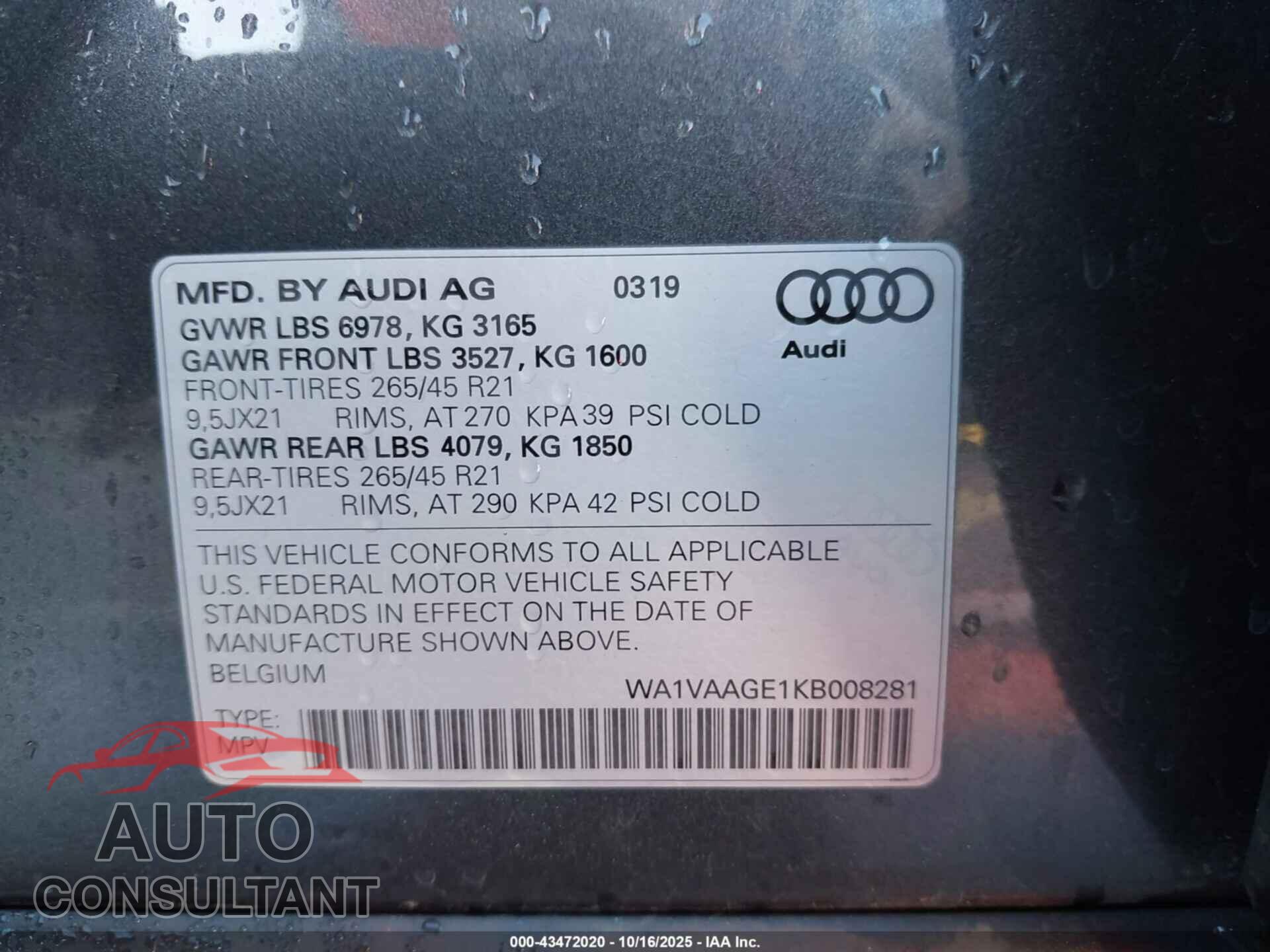 AUDI E-TRON 2019 - WA1VAAGE1KB008281