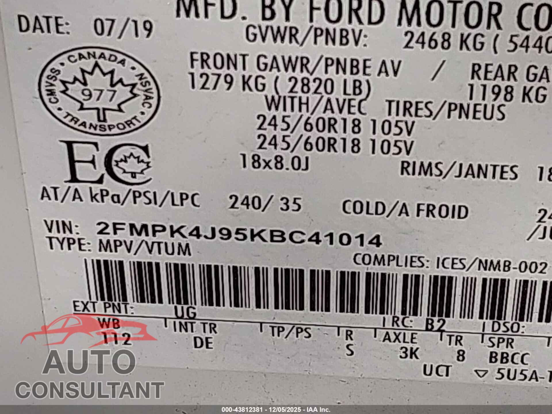 FORD EDGE 2019 - 2FMPK4J95KBC41014