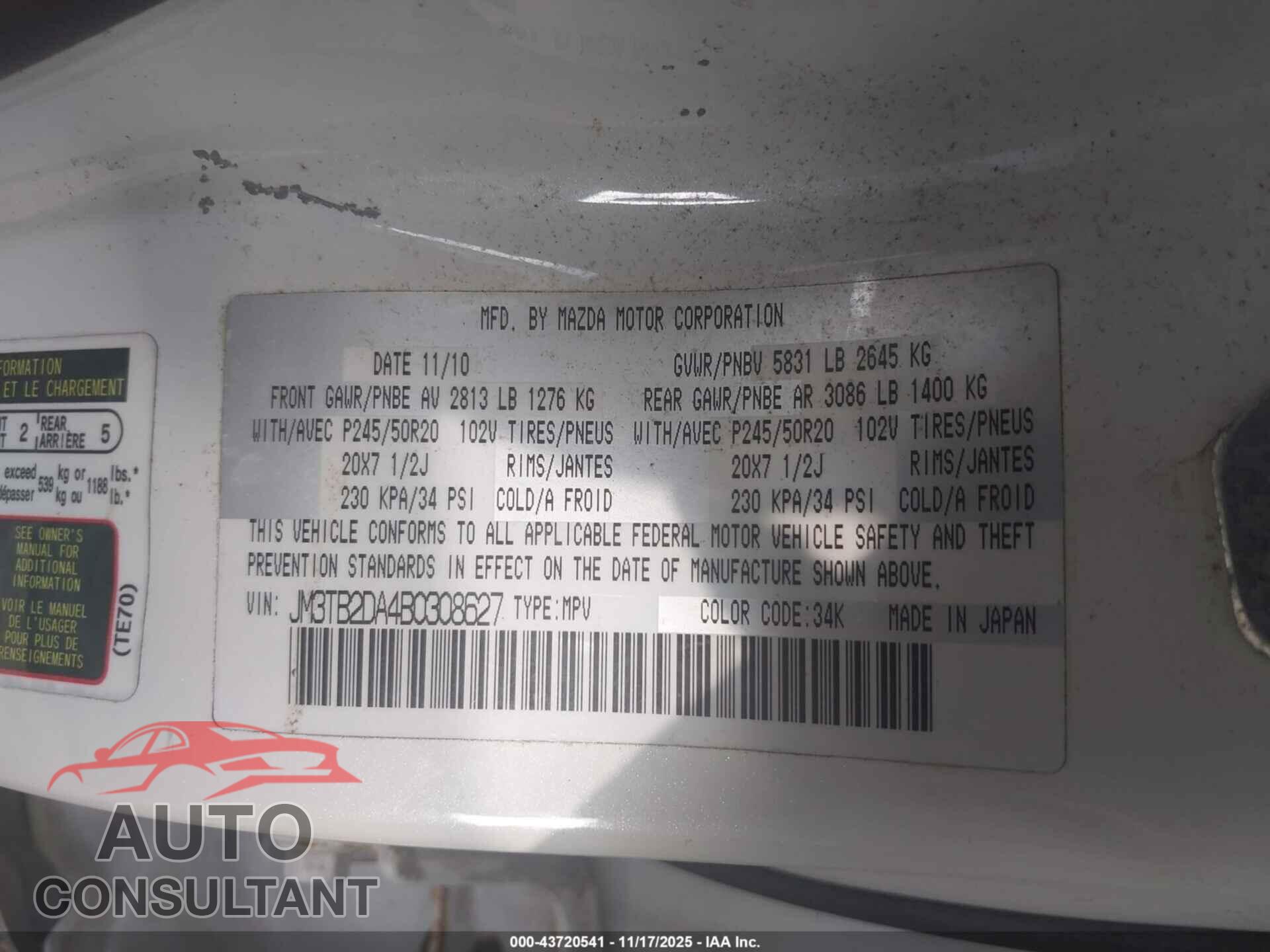 MAZDA CX-9 2011 - JM3TB2DA4B0308627