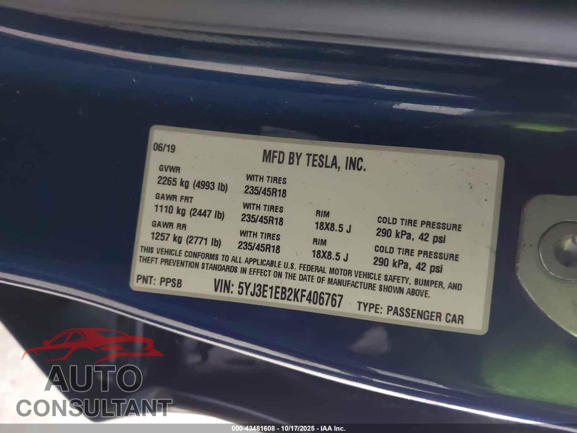 TESLA MODEL 3 2019 - 5YJ3E1EB2KF406767
