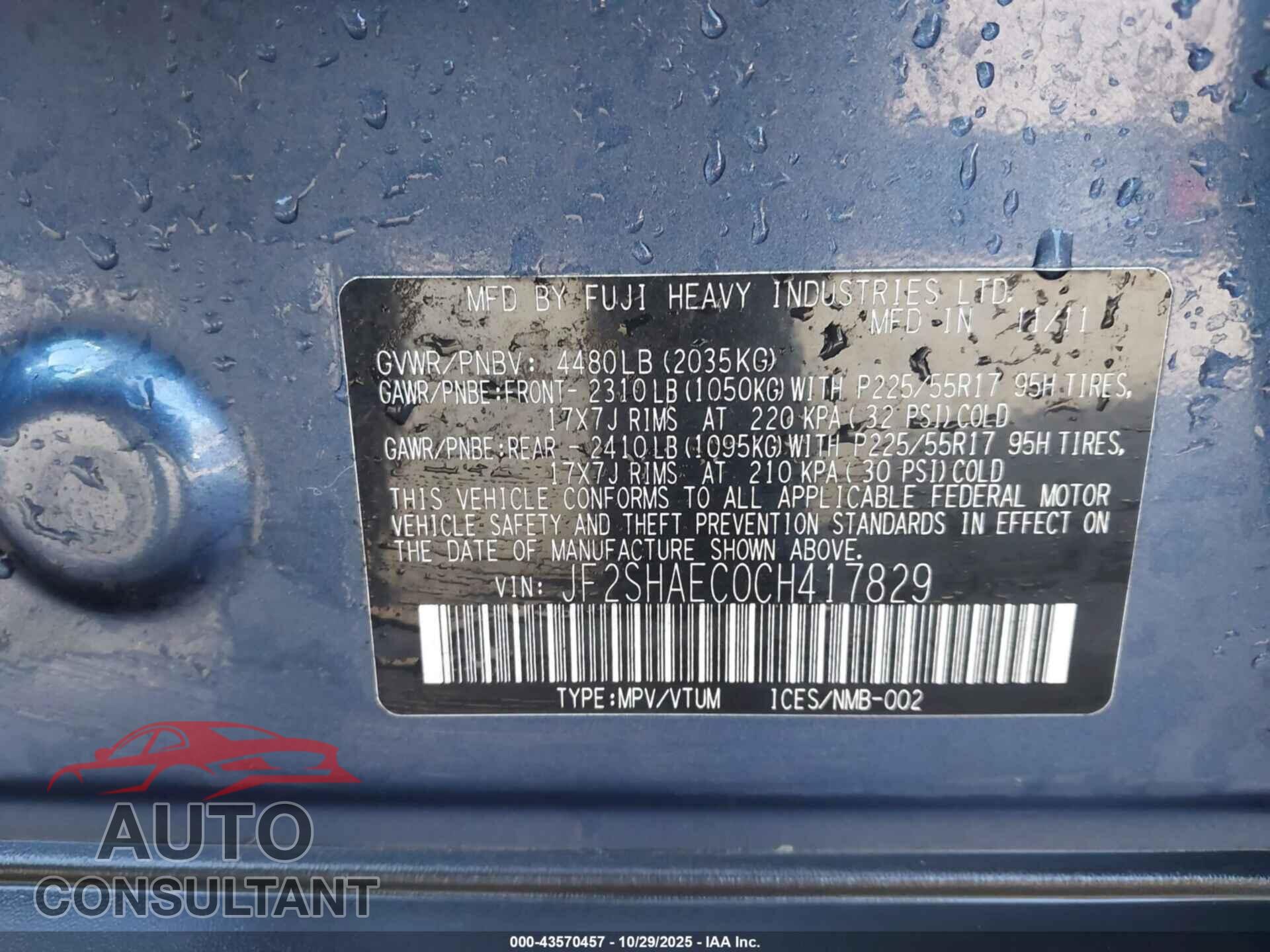 SUBARU FORESTER 2012 - JF2SHAEC0CH417829