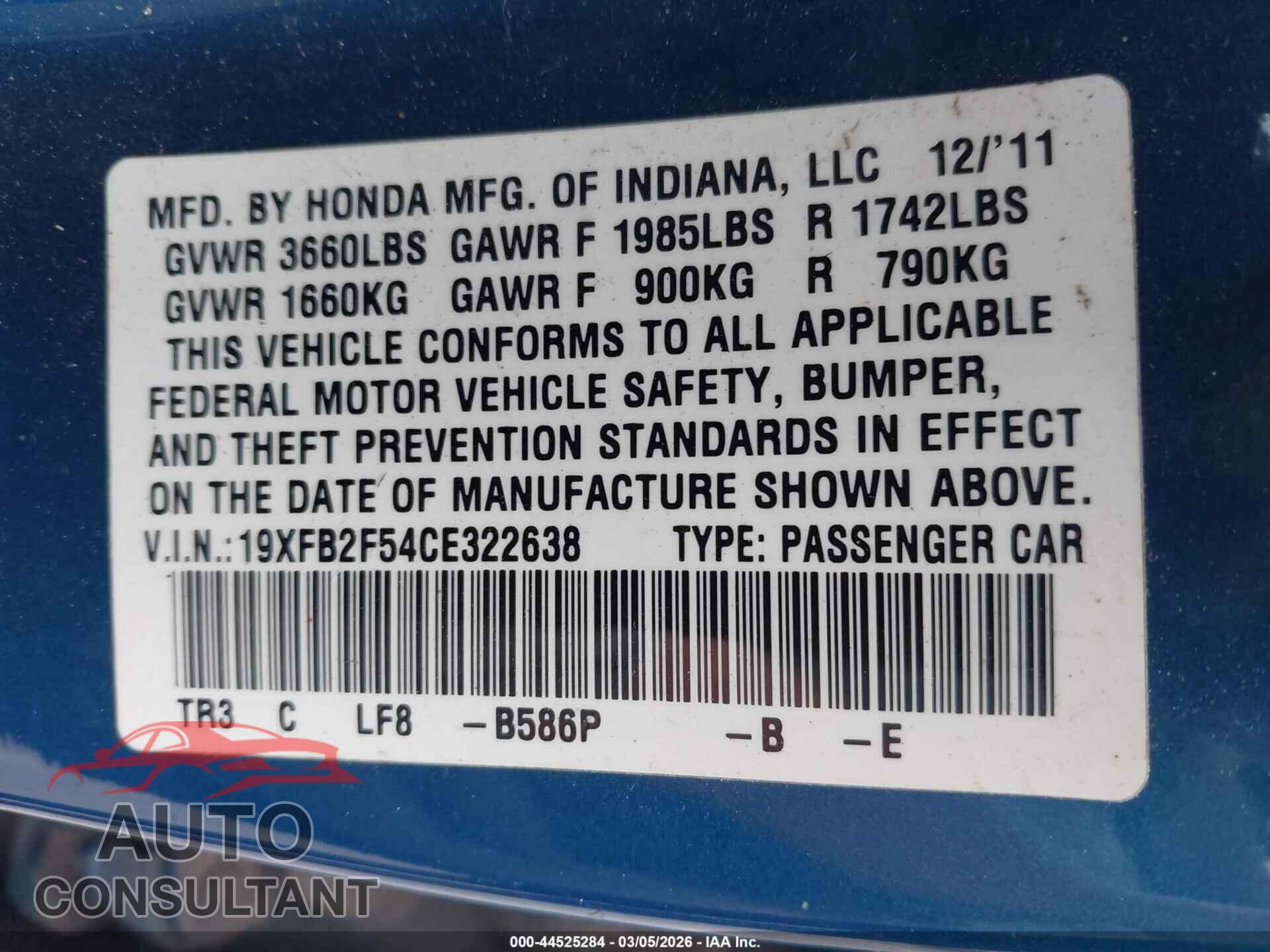 HONDA CIVIC 2012 - 19XFB2F54CE322638