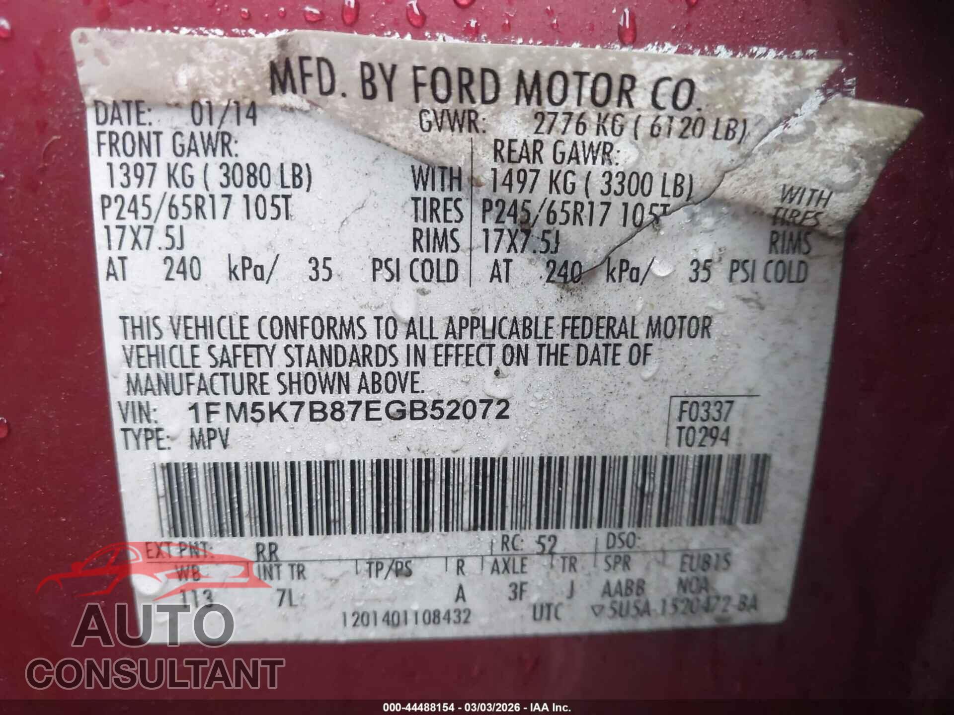 FORD EXPLORER 2014 - 1FM5K7B87EGB52072