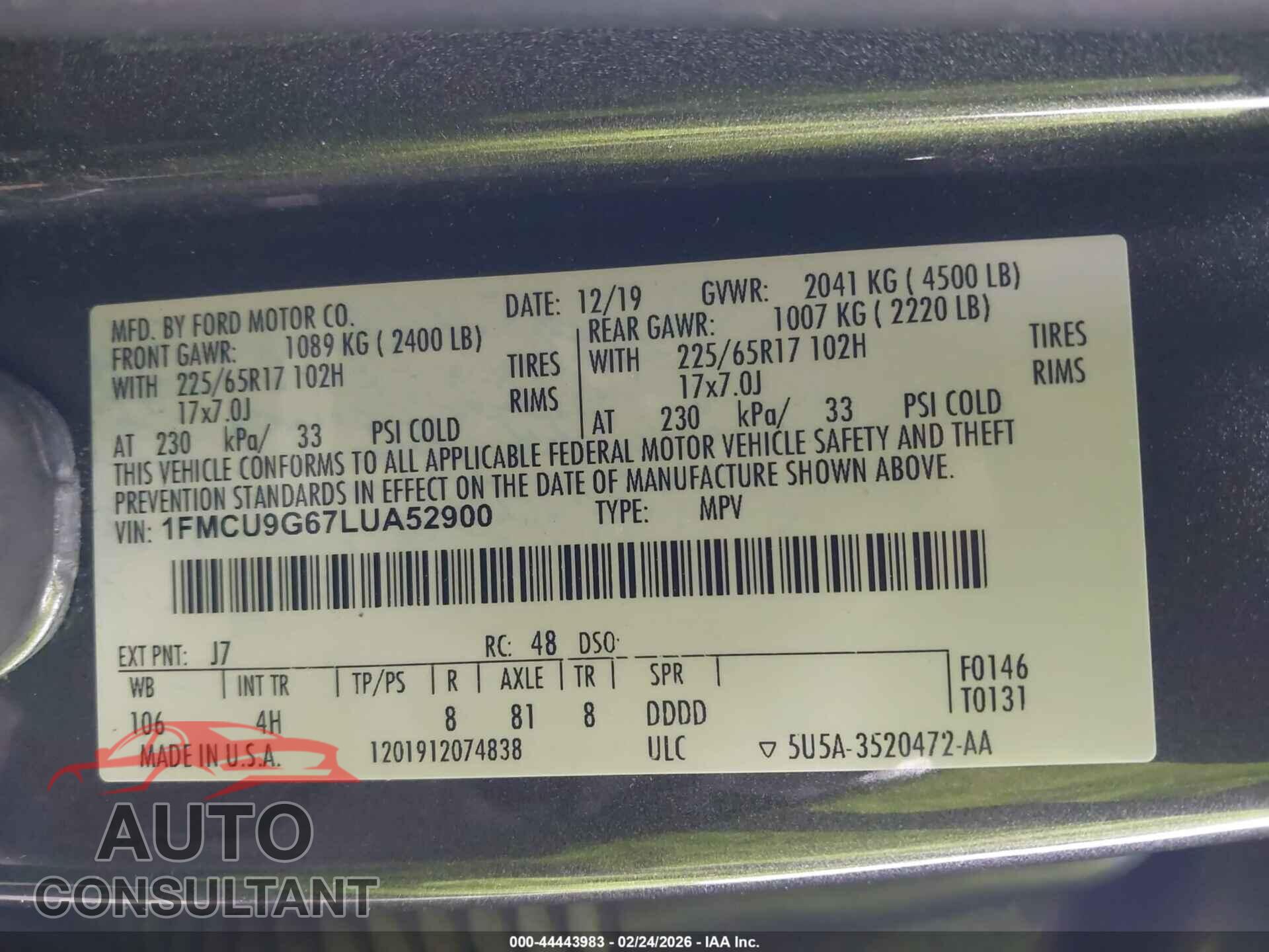 FORD ESCAPE 2020 - 1FMCU9G67LUA52900