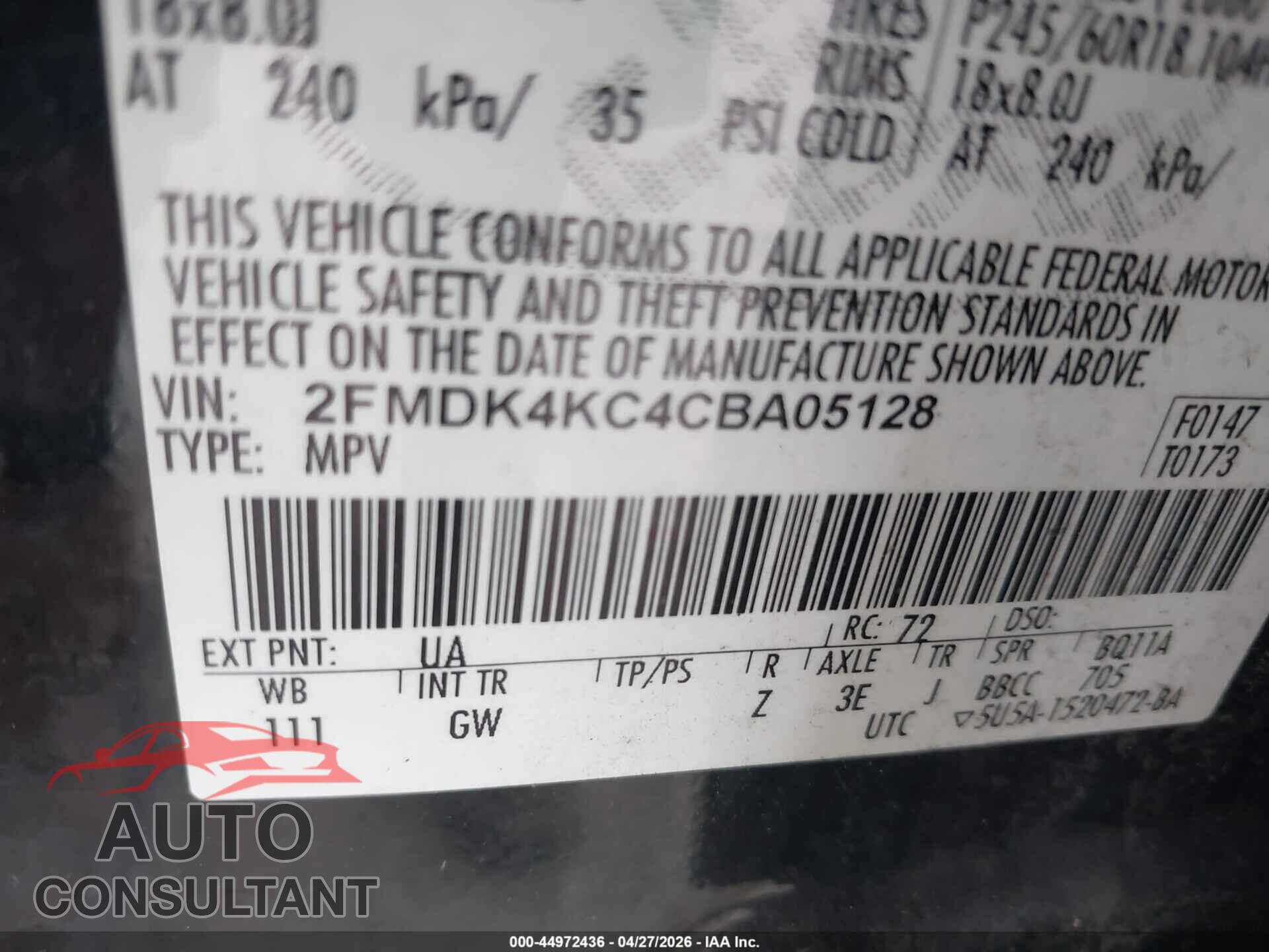 FORD EDGE 2012 - 2FMDK4KC4CBA05128