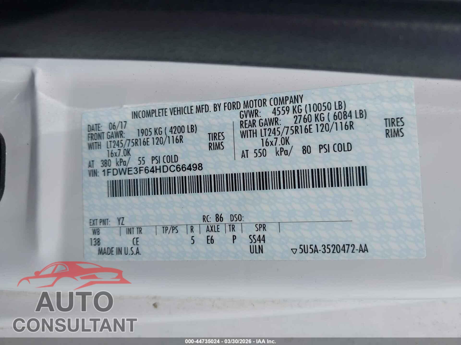 FORD E-350 CUTAWAY 2017 - 1FDWE3F64HDC66498
