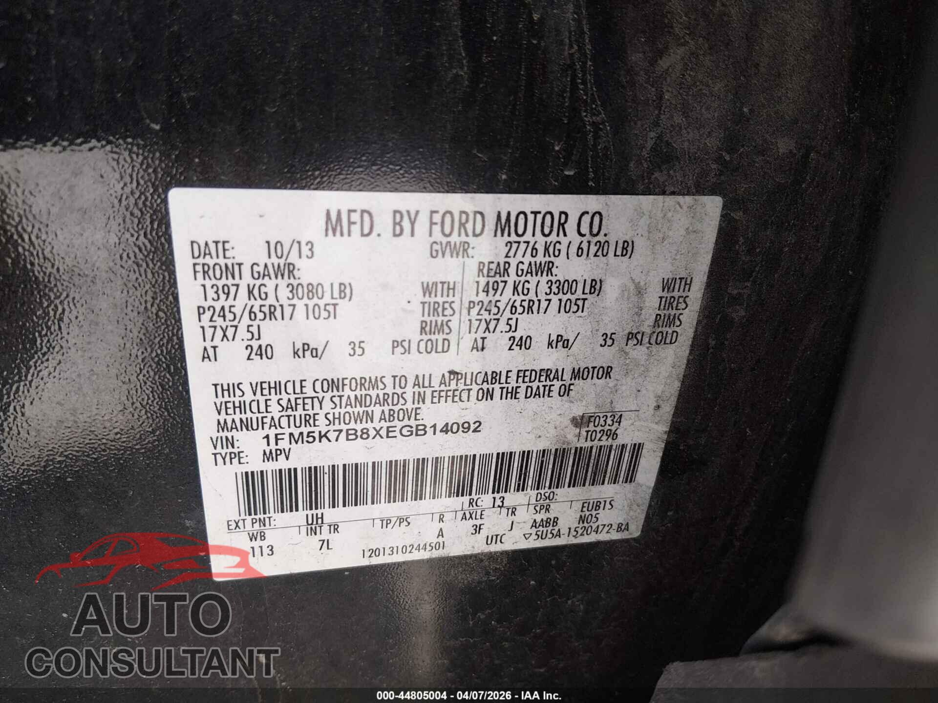 FORD EXPLORER 2014 - 1FM5K7B8XEGB14092