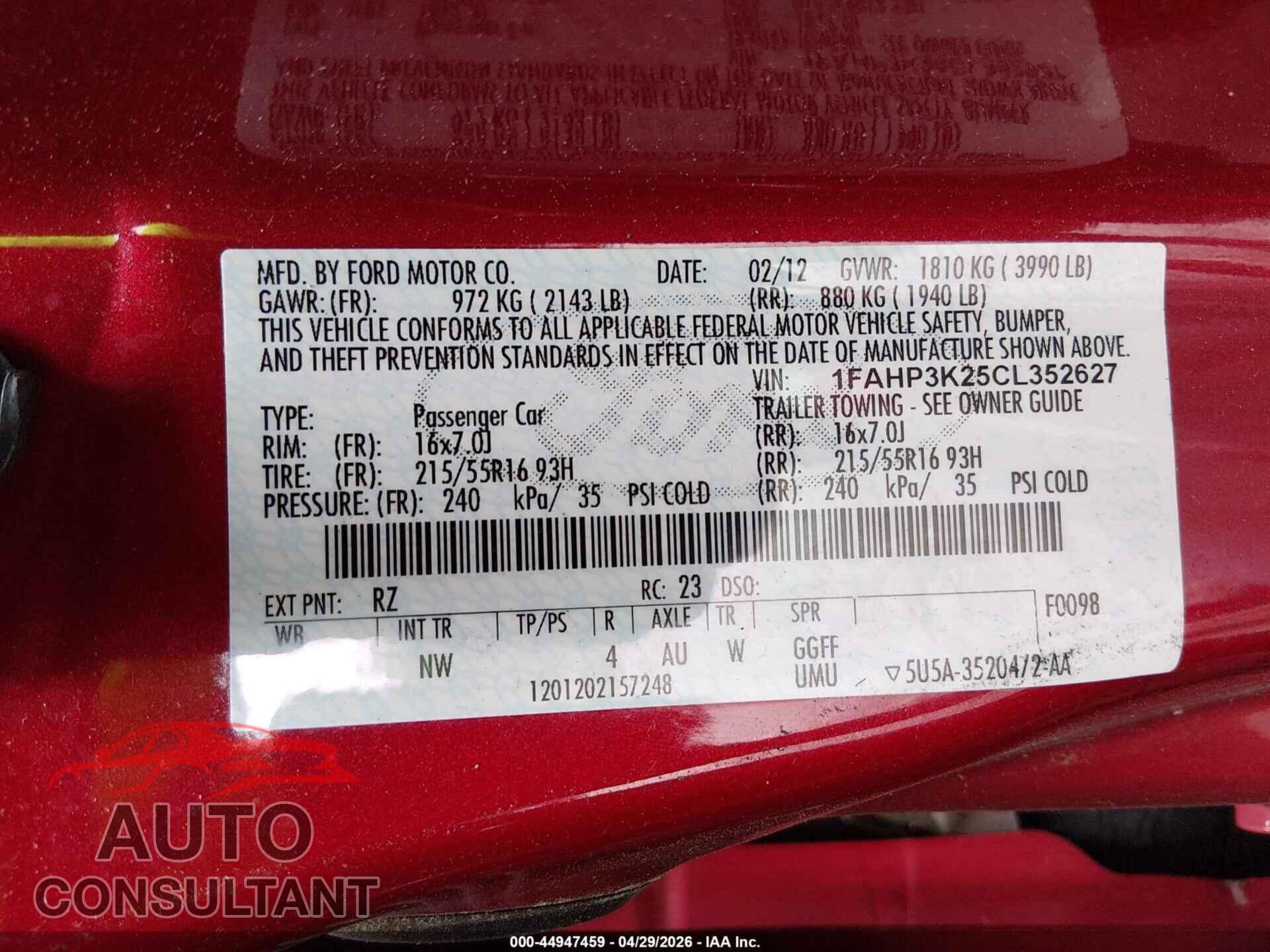 FORD FOCUS 2012 - 1FAHP3K25CL352627