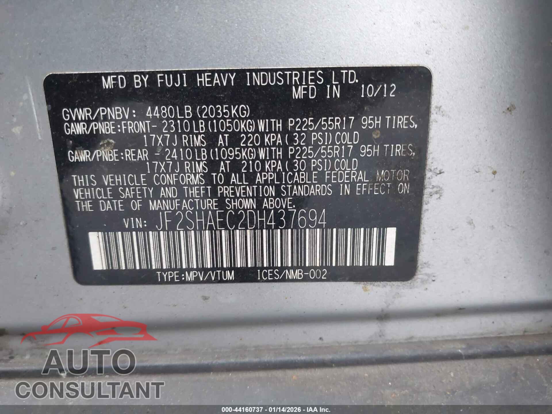 SUBARU FORESTER 2013 - JF2SHAEC2DH437694