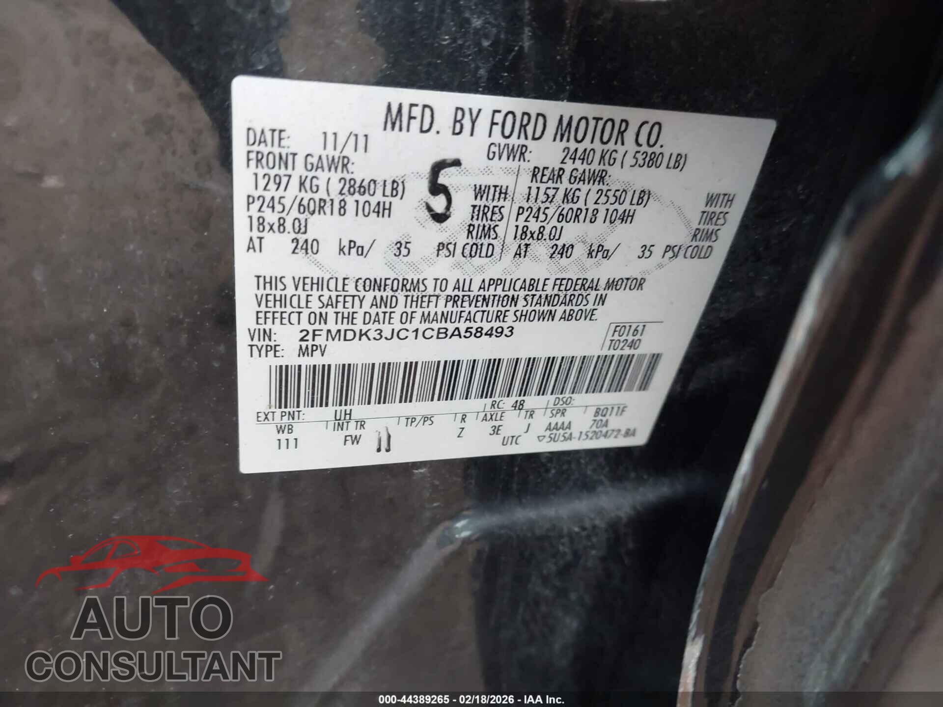 FORD EDGE 2012 - 2FMDK3JC1CBA58493