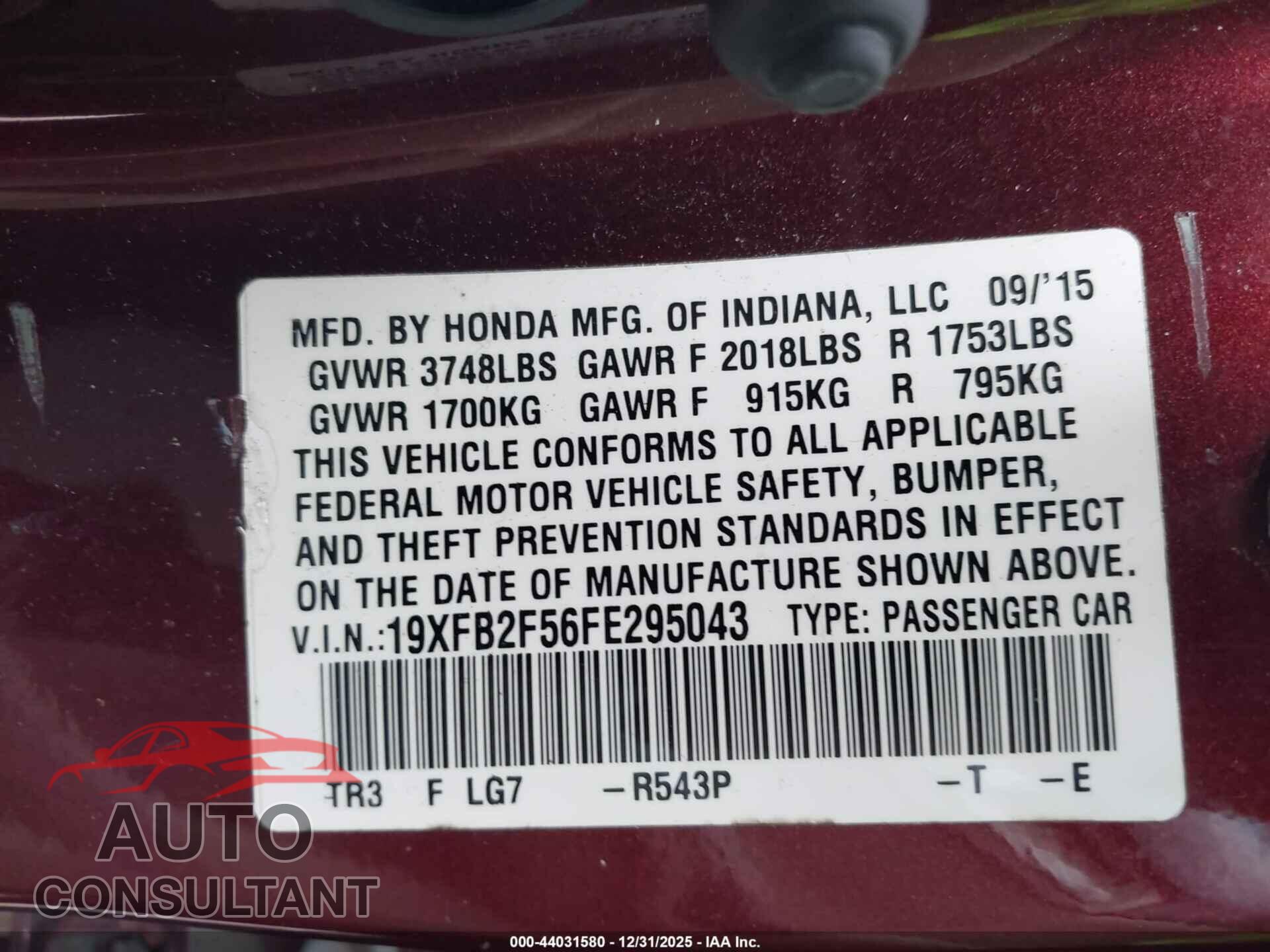 HONDA CIVIC 2015 - 19XFB2F56FE295043