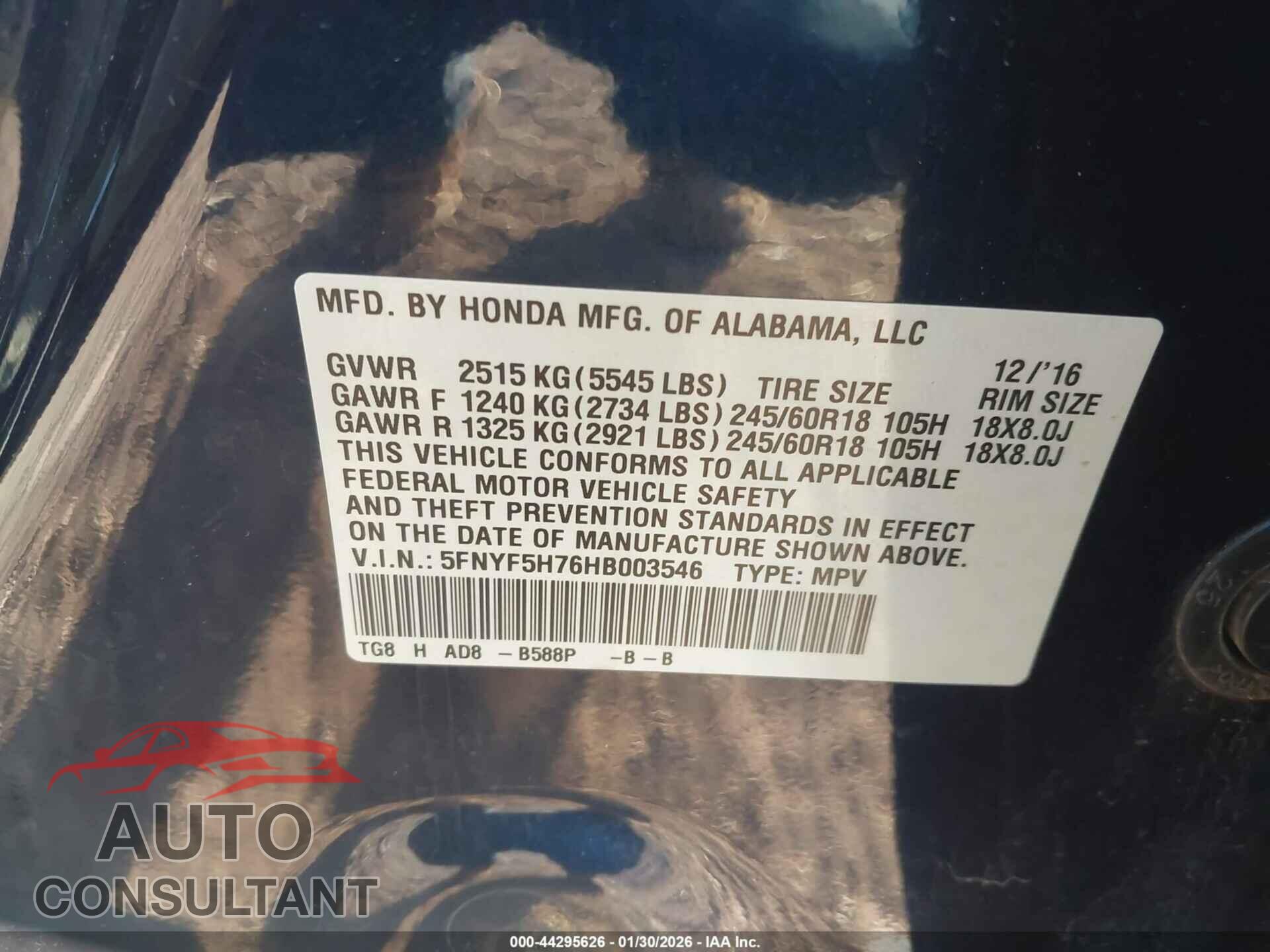 HONDA PILOT 2017 - 5FNYF5H76HB003546
