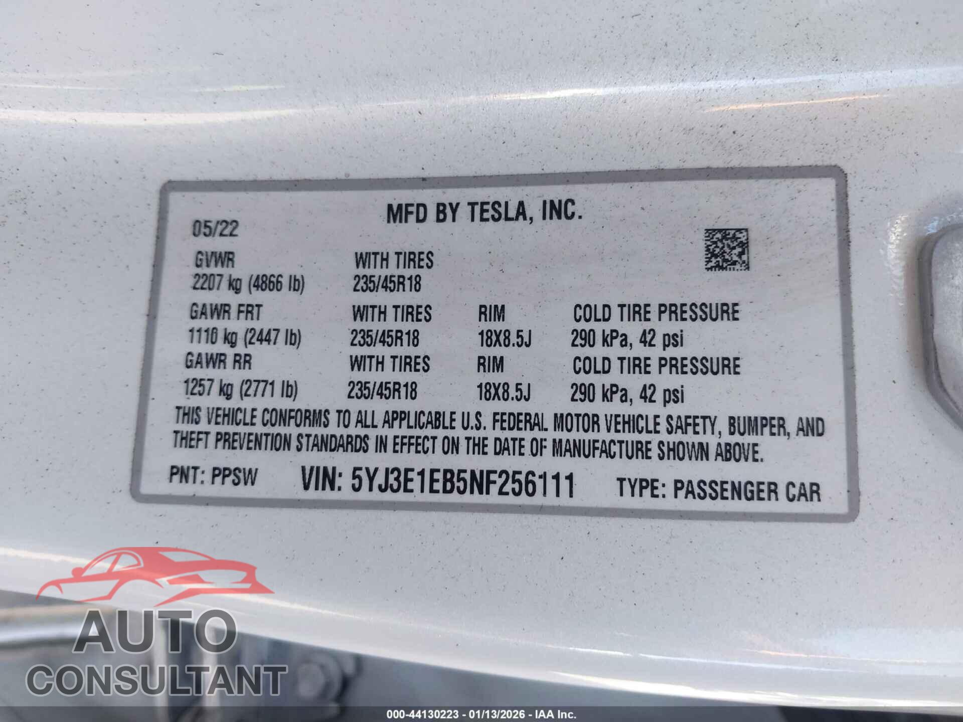 TESLA MODEL 3 2022 - 5YJ3E1EB5NF256111