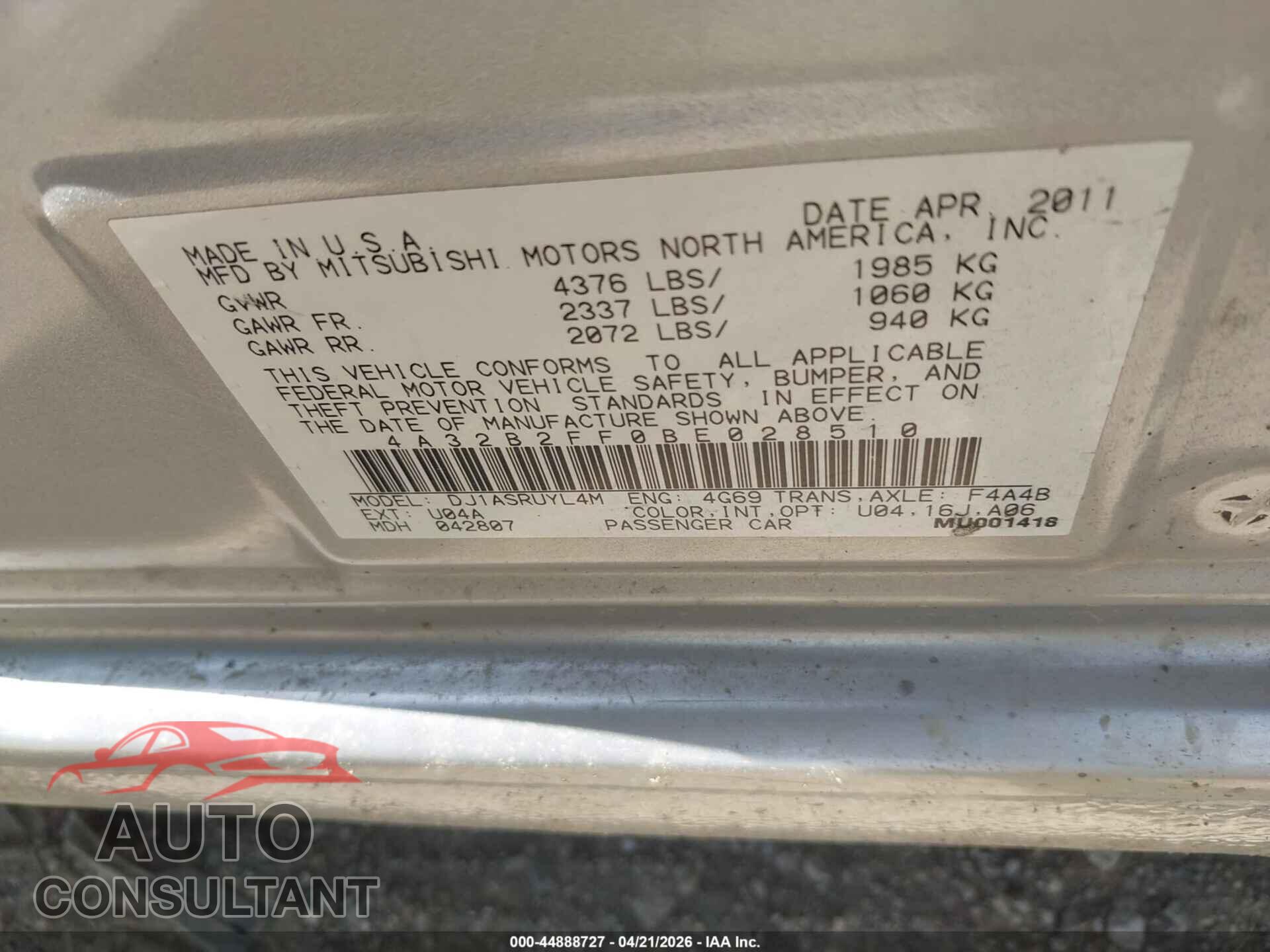 MITSUBISHI GALANT 2011 - 4A32B2FF0BE028510