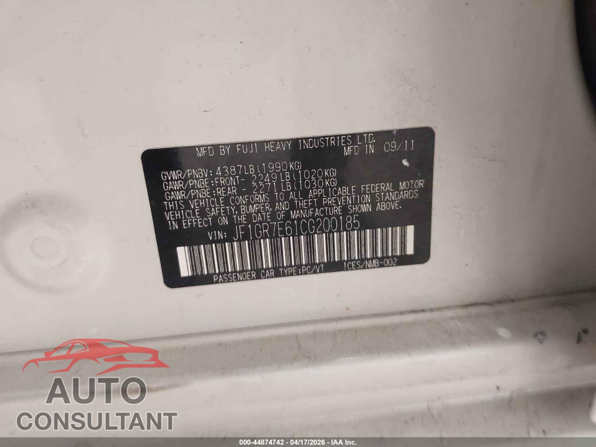SUBARU IMPREZA 2012 - JF1GR7E61CG200185