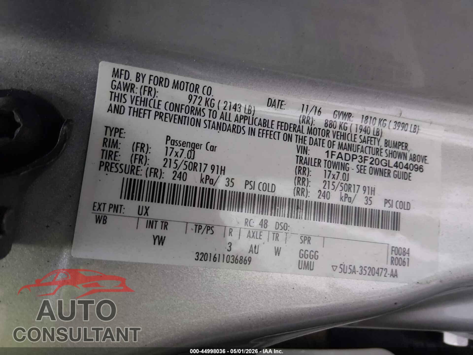 FORD FOCUS 2016 - 1FADP3F20GL404096
