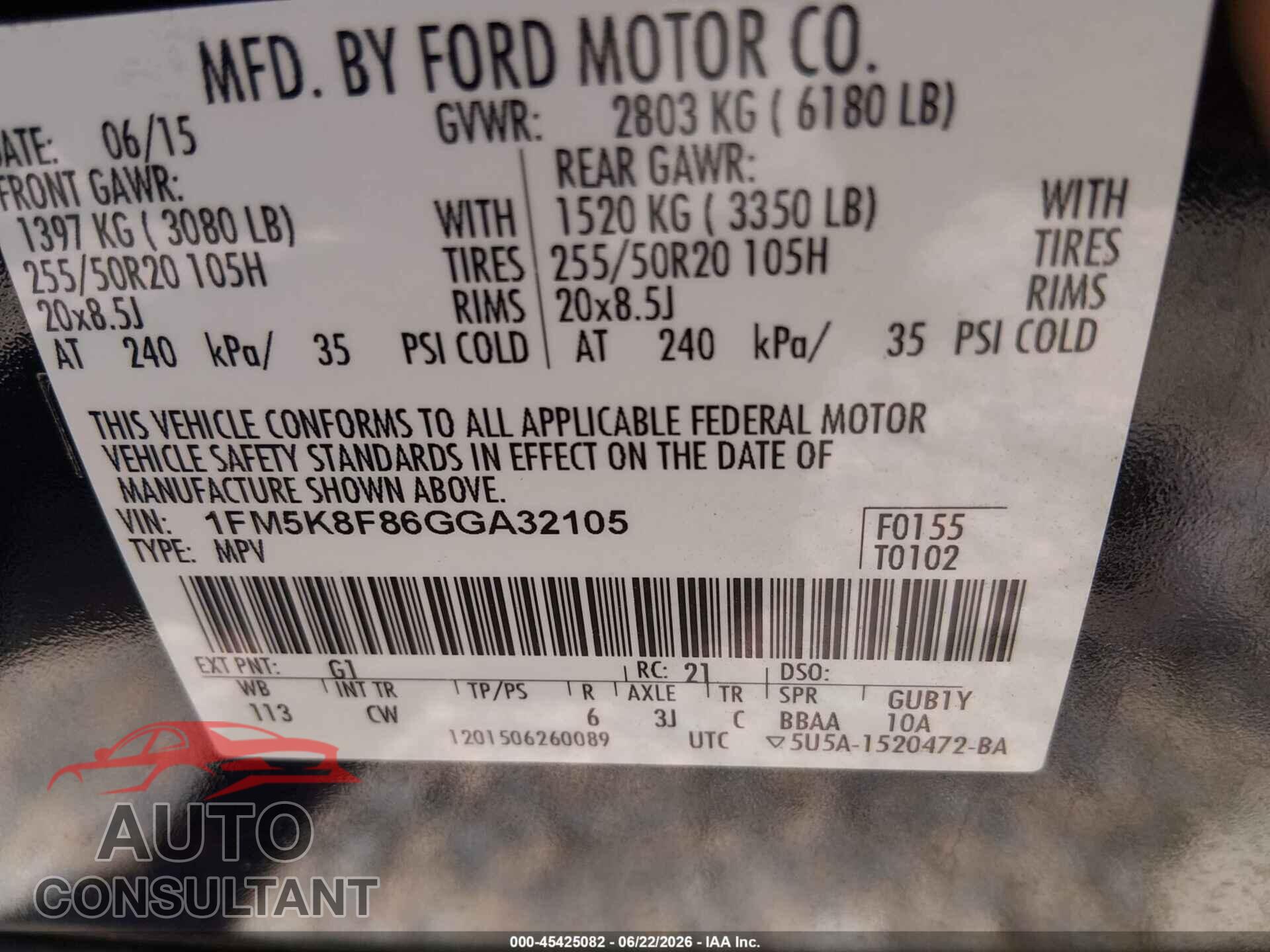 FORD EXPLORER 2016 - 1FM5K8F86GGA32105