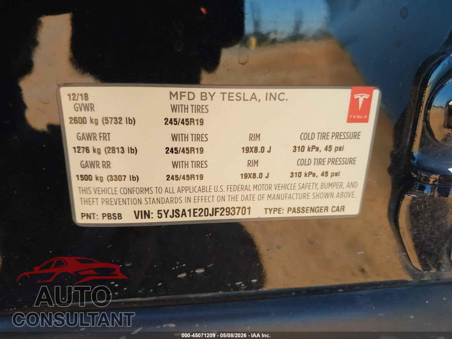 TESLA MODEL S 2018 - 5YJSA1E20JF293701