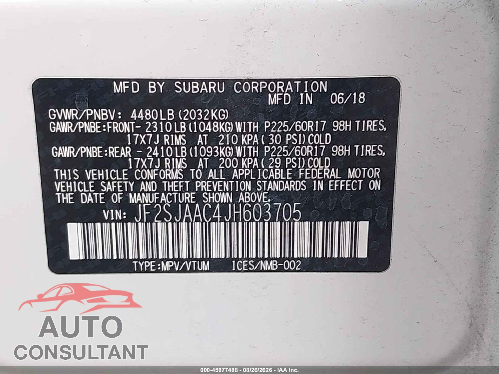 SUBARU FORESTER 2018 - JF2SJAAC4JH603705