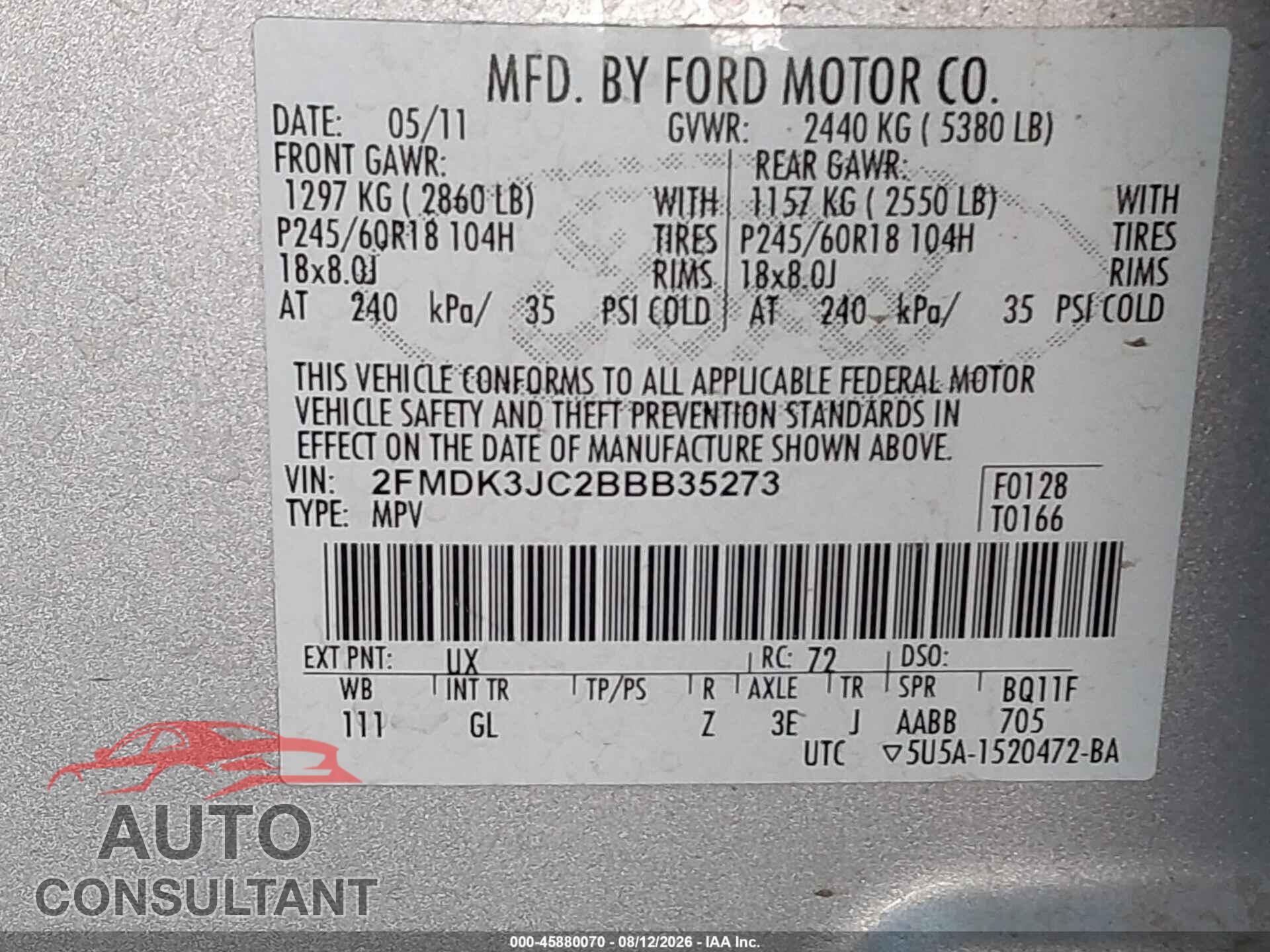 FORD EDGE 2011 - 2FMDK3JC2BBB35273