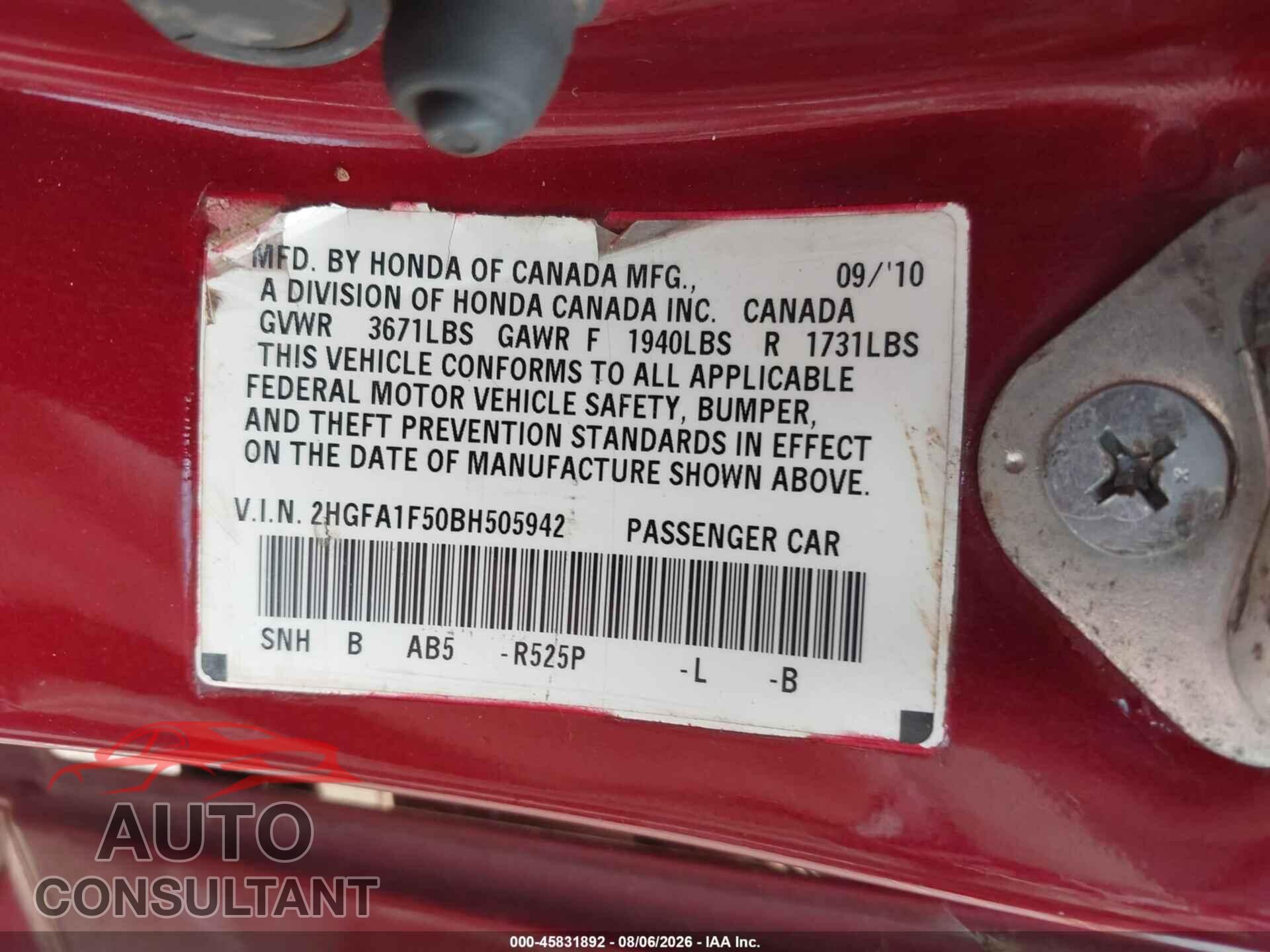 HONDA CIVIC 2011 - 2HGFA1F50BH505942