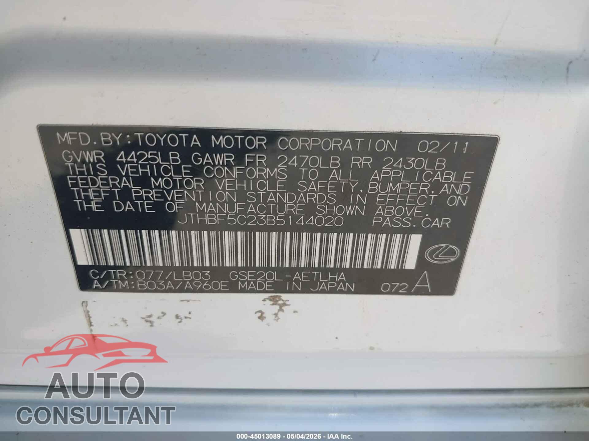LEXUS IS 250 2011 - JTHBF5C23B5144020