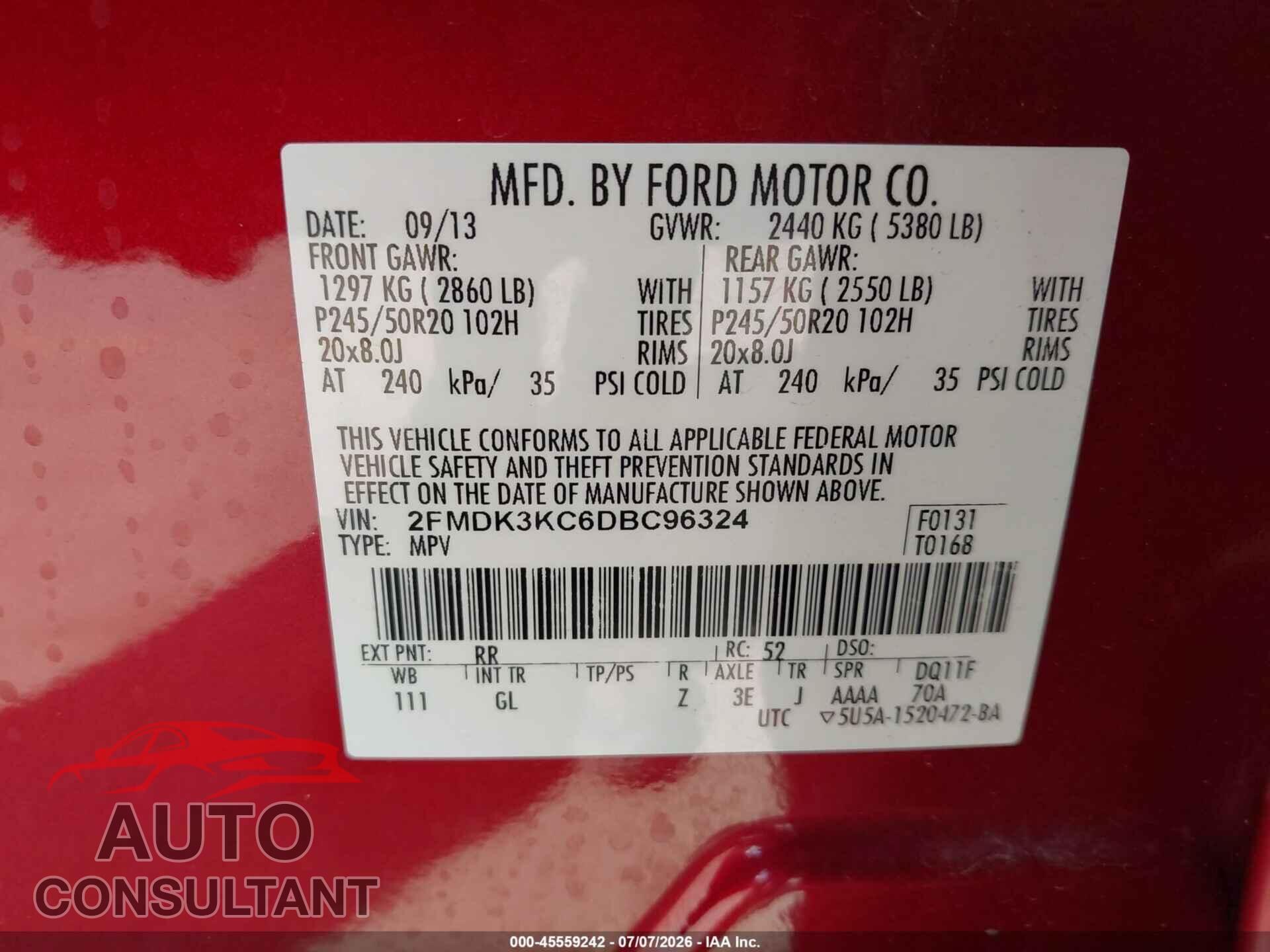FORD EDGE 2013 - 2FMDK3KC6DBC96324