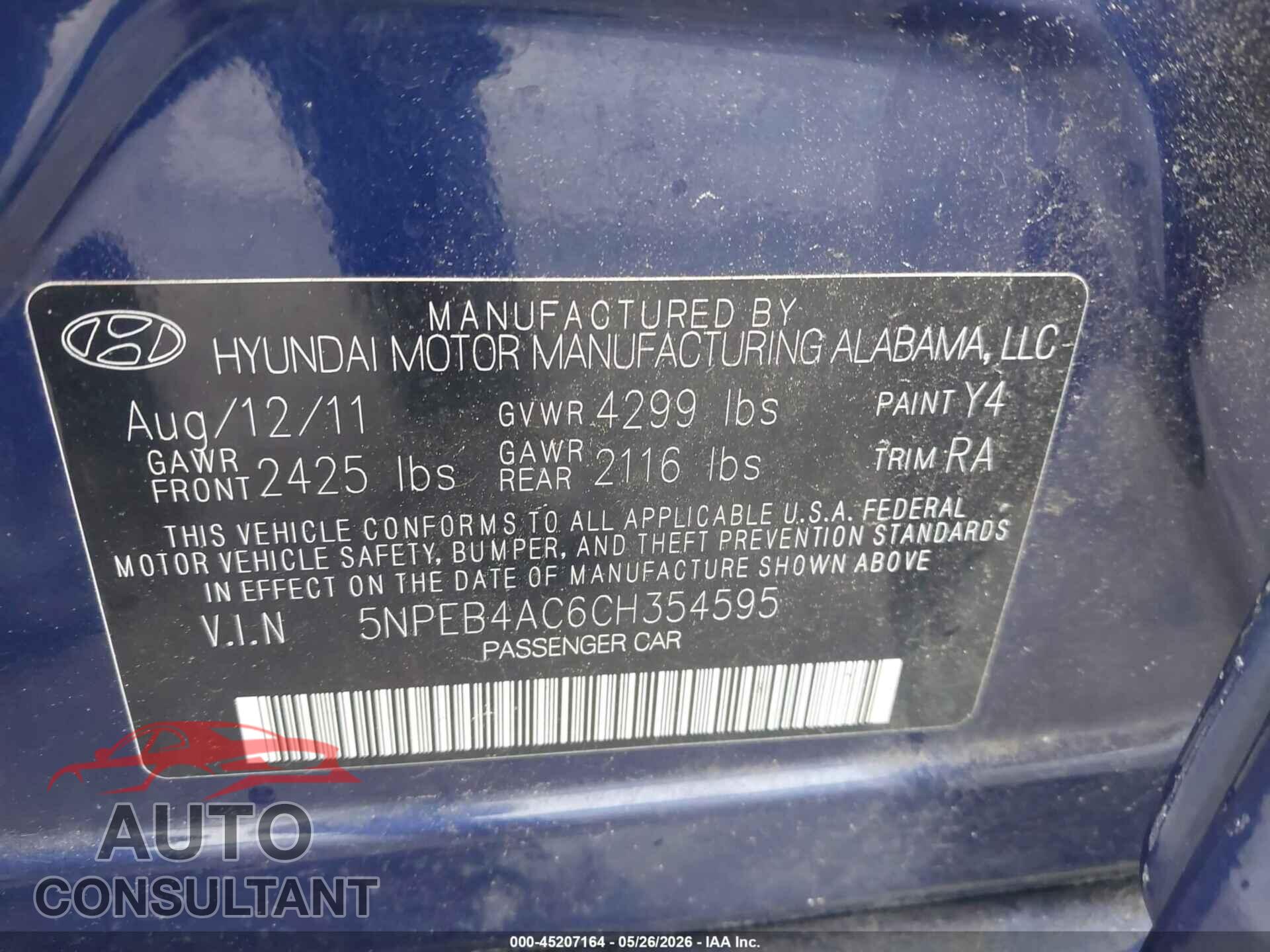 HYUNDAI SONATA 2012 - 5NPEB4AC6CH354595