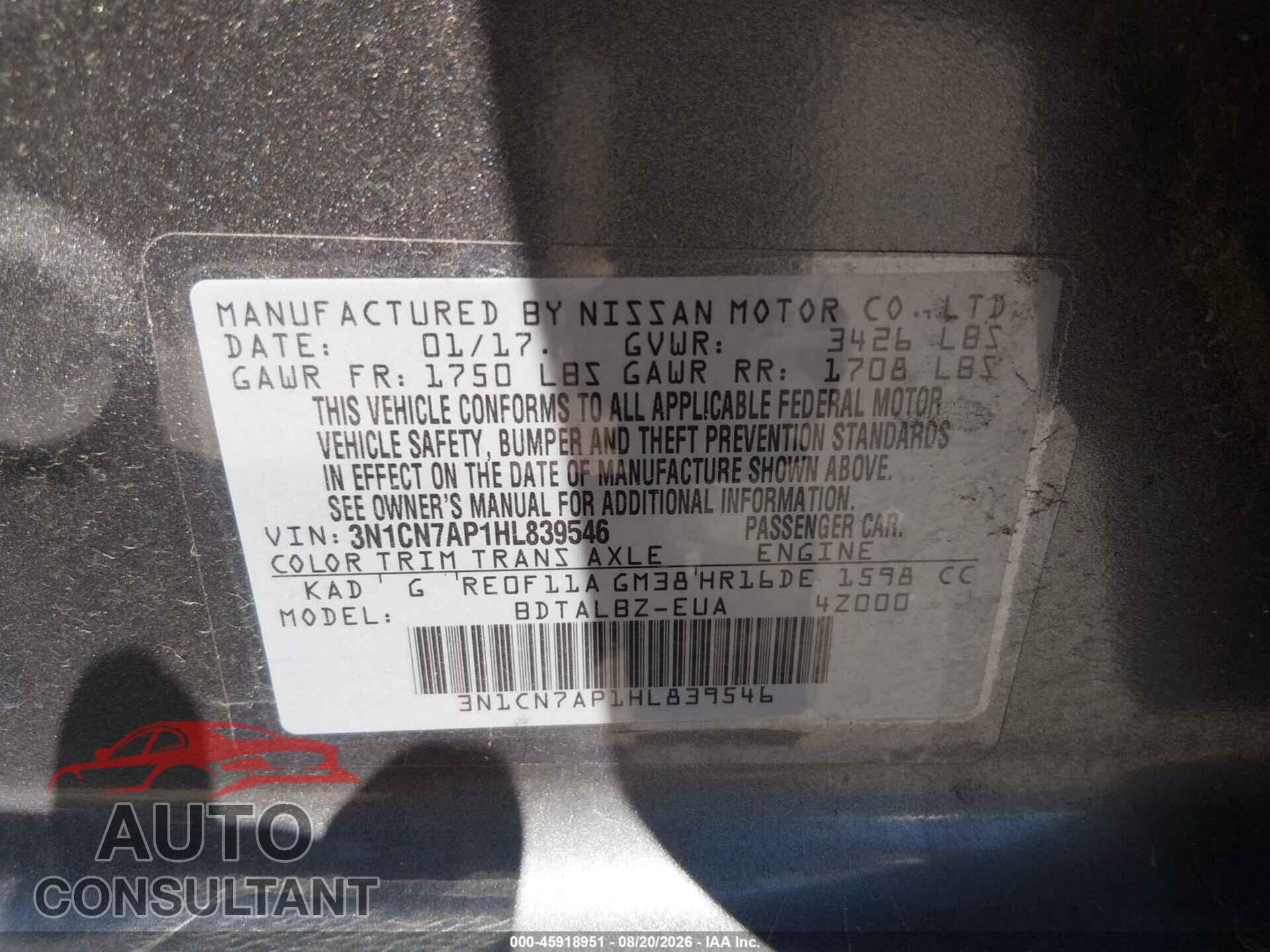 NISSAN VERSA 2017 - 3N1CN7AP1HL839546