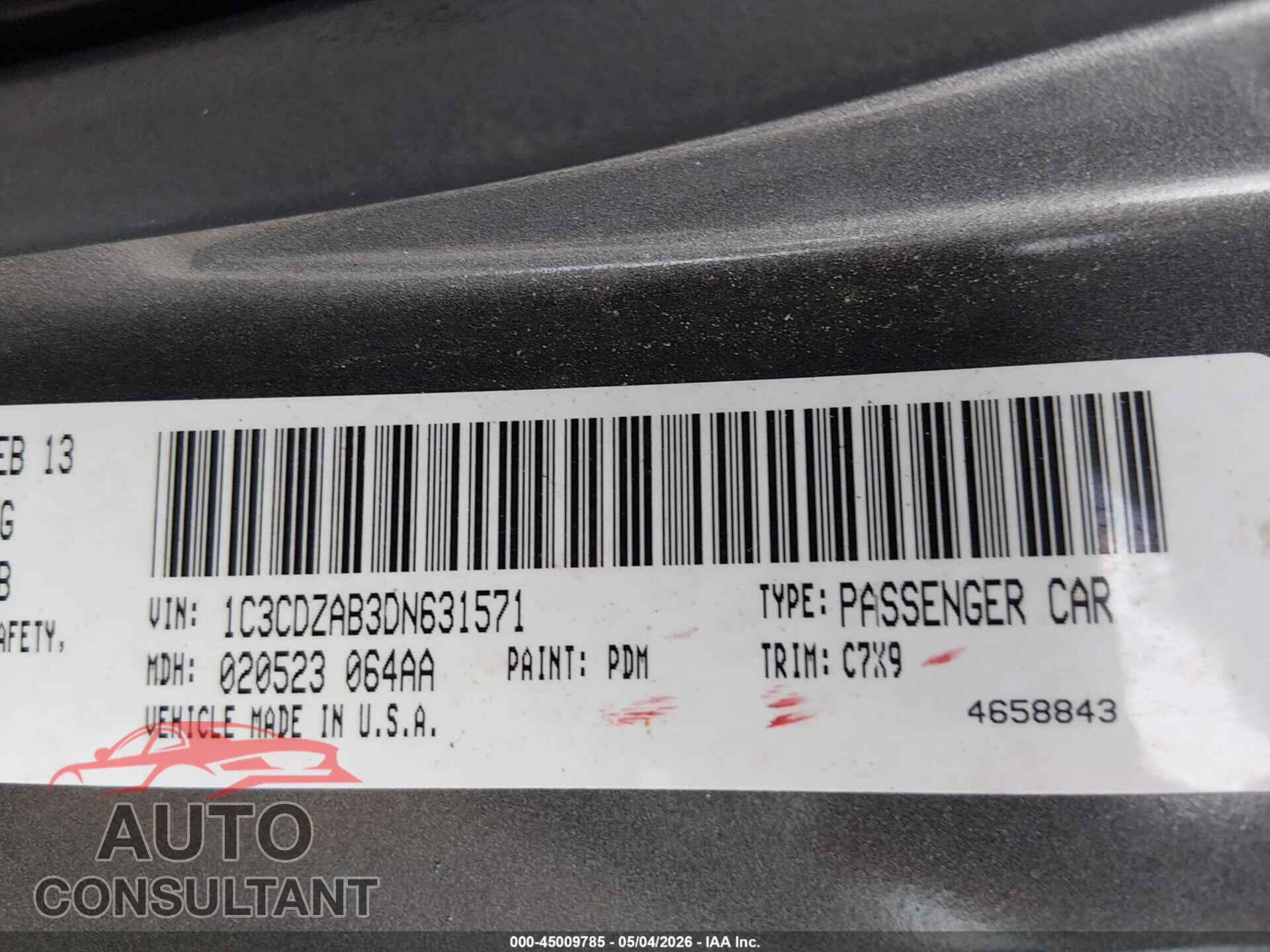 DODGE AVENGER 2013 - 1C3CDZAB3DN631571