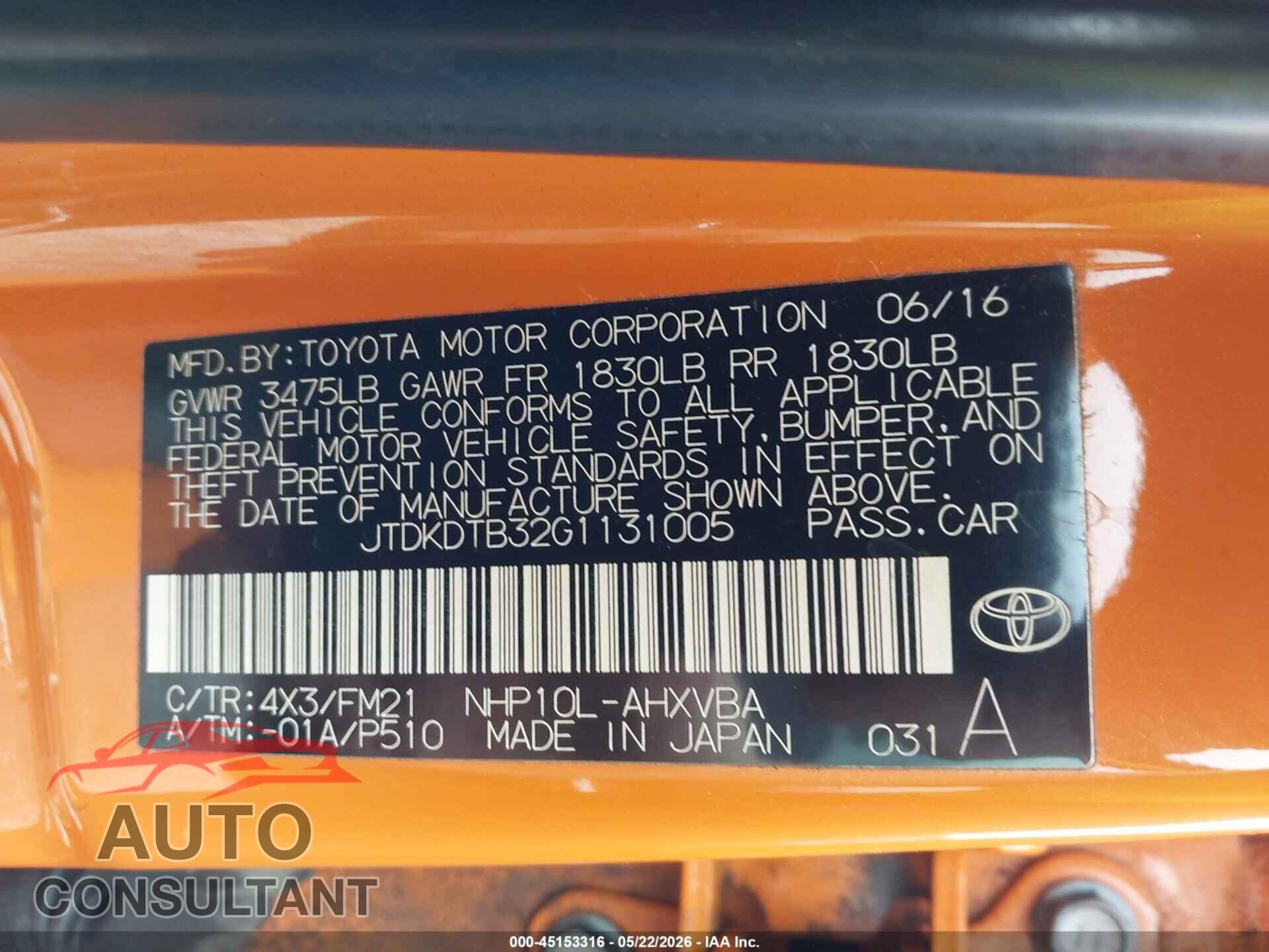 TOYOTA PRIUS C 2016 - JTDKDTB32G1131005