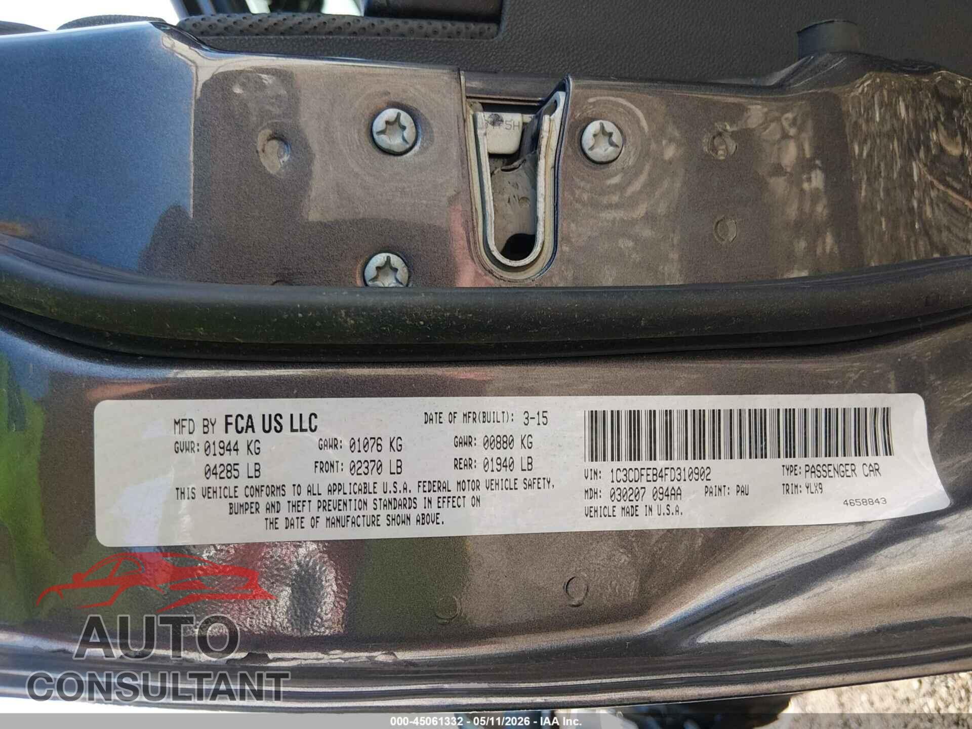 DODGE DART 2015 - 1C3CDFEB4FD310902
